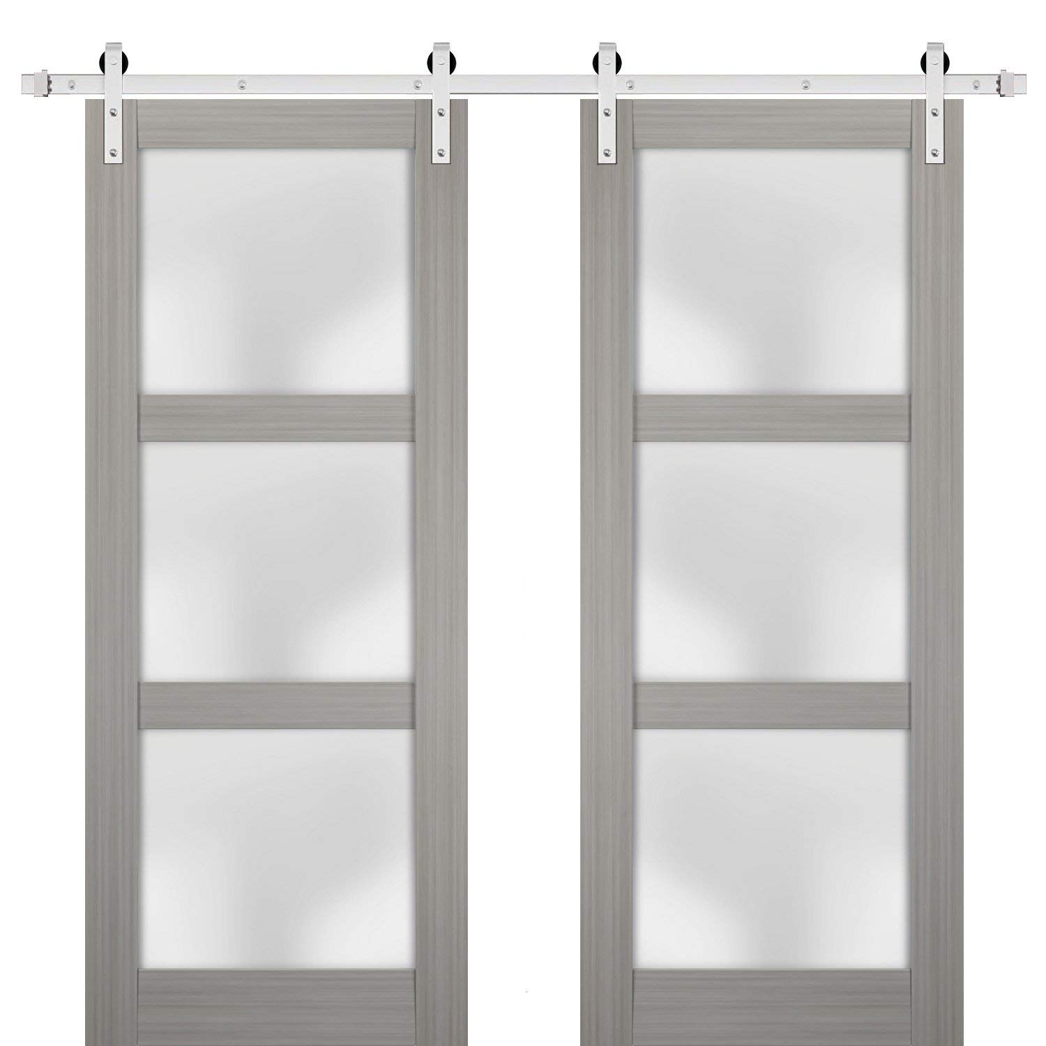 Lucia 2552 Grey Ash 56 x 96 Inch Frosted Glass Double Barn Door with 13FT Stainless Steel Rail Hangers - Heavy Duty Solid Panel Interior Sliding Door for Bedroom, Closet, or Farmhouse Style Home