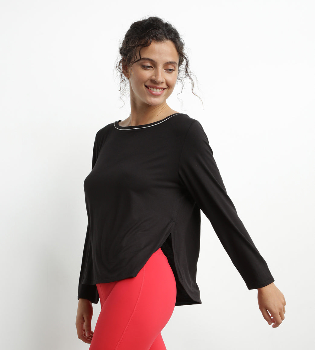 Black Viscose Boat Neck Women's Sports Top - Breathable & Comfortable for Yoga, Running & Gym Workouts | DIM MOVE