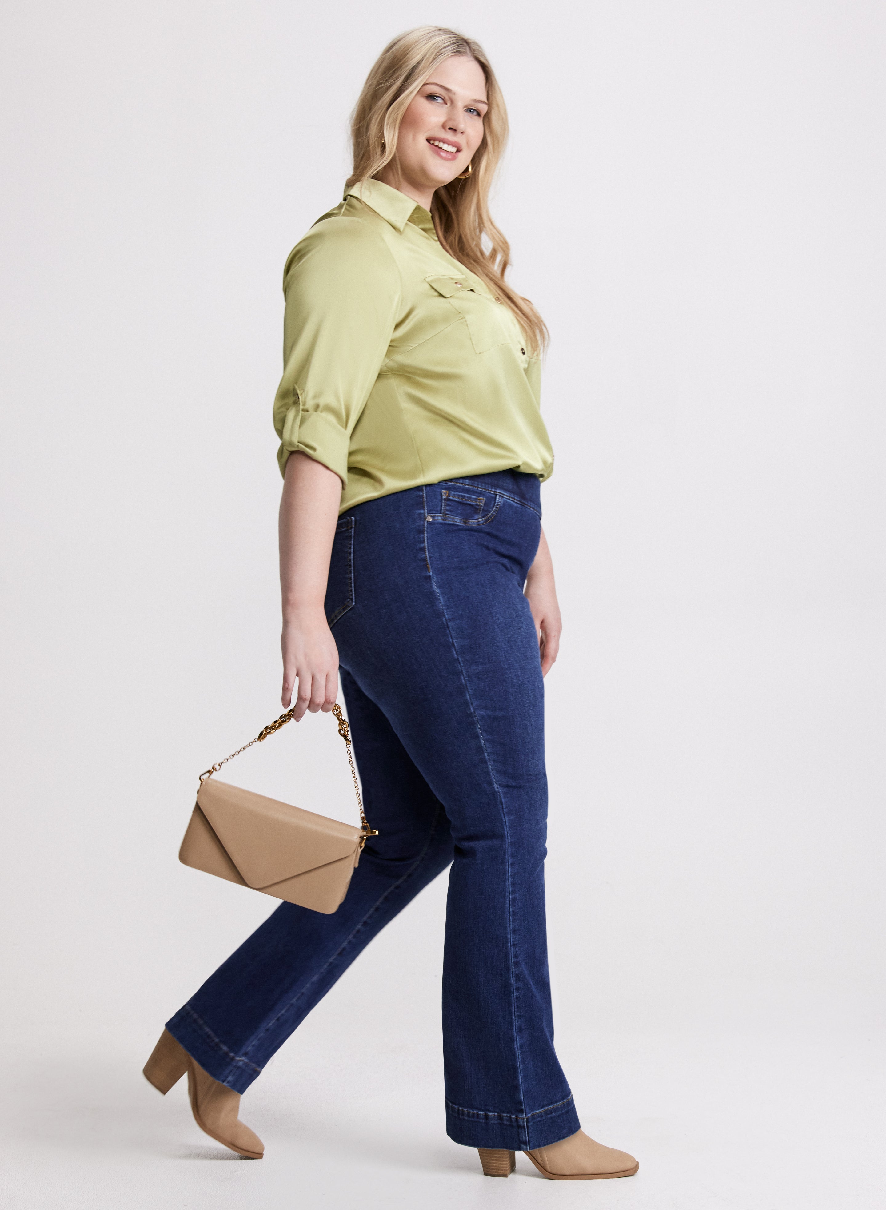 Flare Leg Pull On Jeans for Women - Stretchy High Waist Bootcut Denim Pants - Perfect for Casual Wear, Office & Date Night