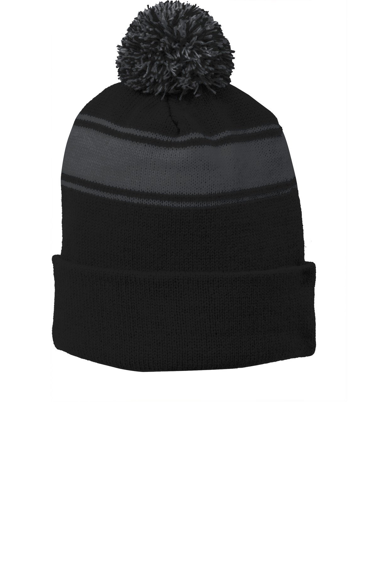 Sport-Tek Stripe Pom Pom Beanie - Soft Winter Knit Hat for Men & Women - Warm Fleece-Lined Skull Cap for Running, Skiing, and Outdoor Activities
