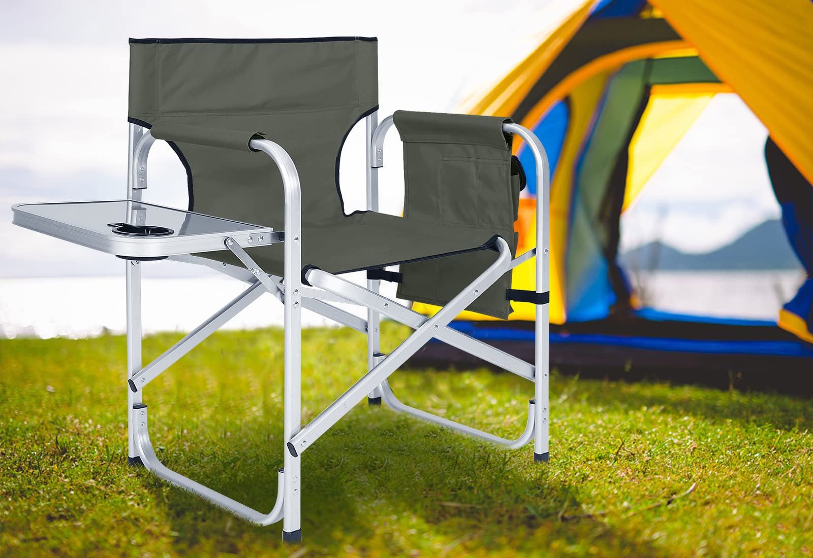 ABCCANOPY Folding Directors Chair - Portable Outdoor Camping Chair with Side Table & Storage Pockets - Perfect for Beach, Picnic, Backyard, and Makeup Artist Use - Dark Gray
