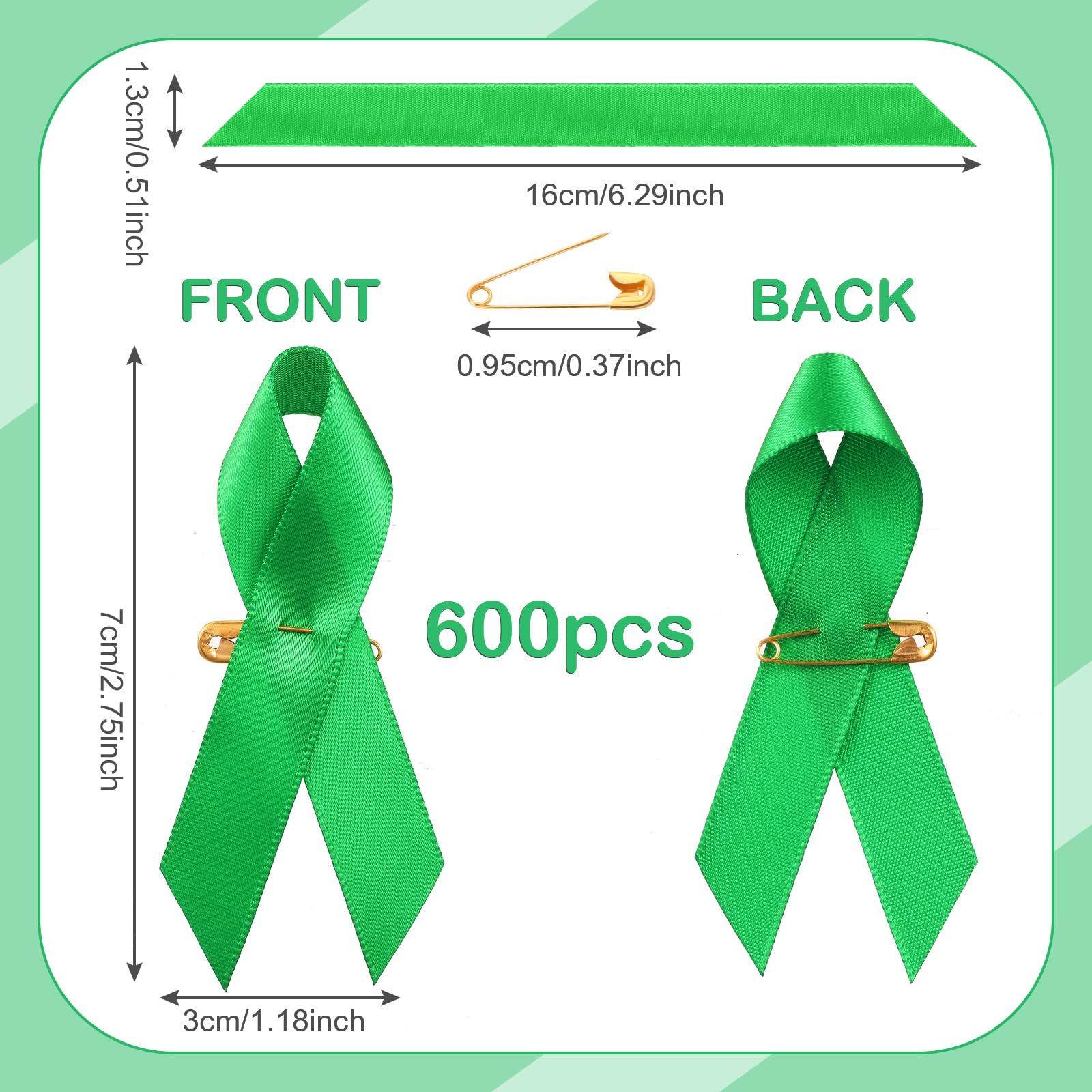Bulk Green Satin Mental Health Awareness Ribbon Pins - 100pcs Lapel Pins with Safety Pins for Charity Events, Fundraisers & Social Causes - Perfect for Men & Women Supporting Mental Health Awareness Campaigns