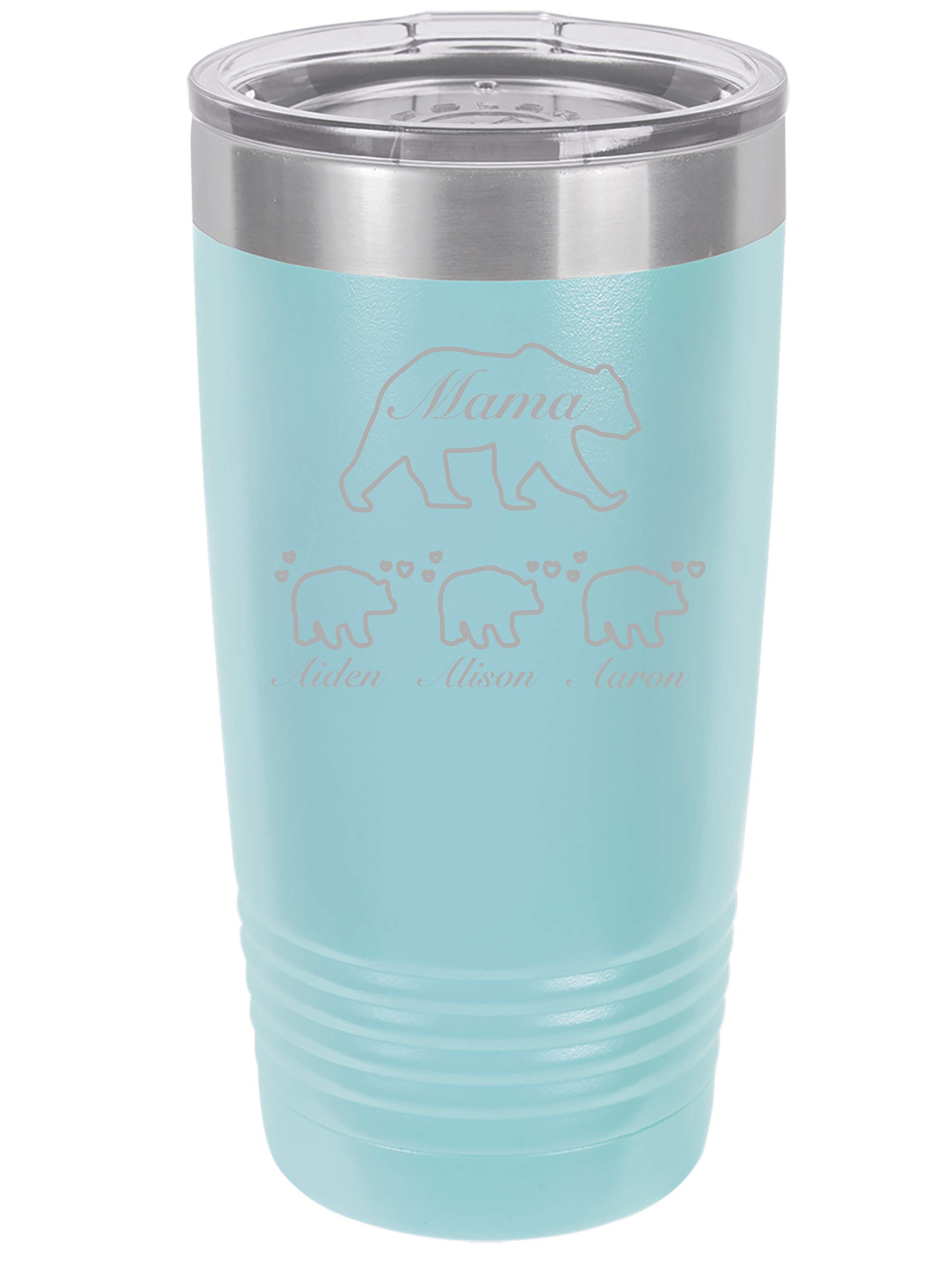Personalized Mama Bear 20oz Double Wall Vacuum Insulated Tumbler - Light Blue Stainless Steel Travel Mug for Mom, Gift for Her, Coffee & Tea Cup for Work, Gym, Hiking & Outdoor Activities