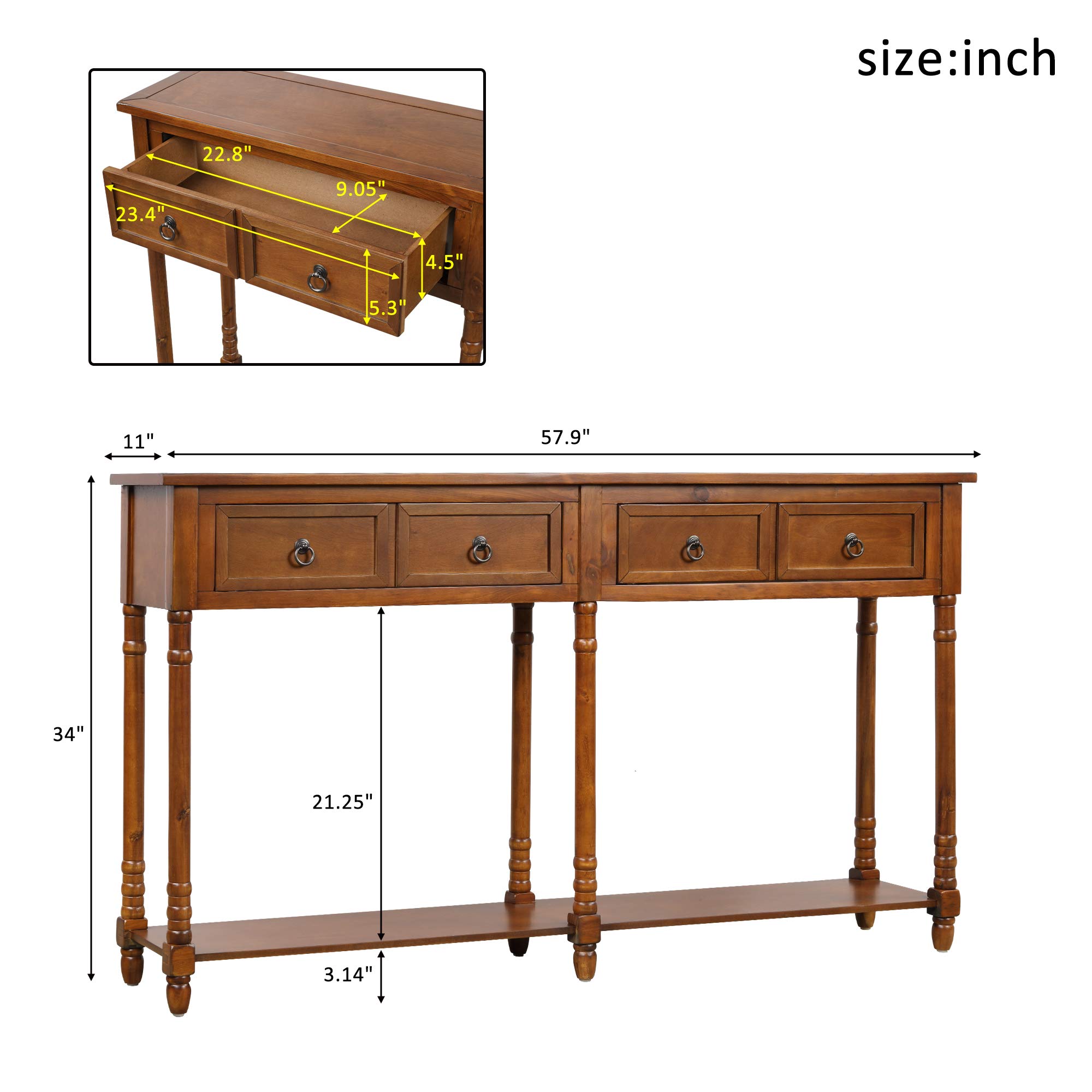 Rustic Wood Console Table with 2 Storage Drawers & Bottom Shelf - Entryway Sofa Table for Living Room, Hallway, Foyer (Walnut Finish) - Perfect for Home Decor, Small Space Organization & Entry Storage Solutions