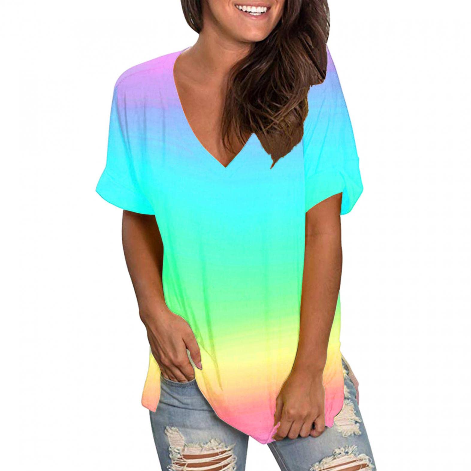 Women's Oversized V-Neck T-Shirt - Casual Loose Fit Short Sleeve Tunic Top with Side Split for Summer | Perfect for Beach, Lounge & Everyday Wear