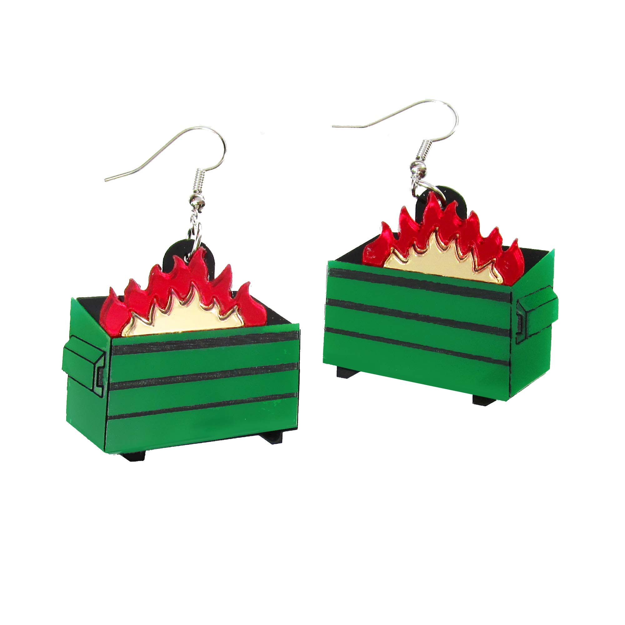 Funny Green Dumpster Fire Burning Trash Garbage Dangle Earrings - Unique Novelty Jewelry for Women - Perfect for Costume Parties, Gifts & Statement Fashion