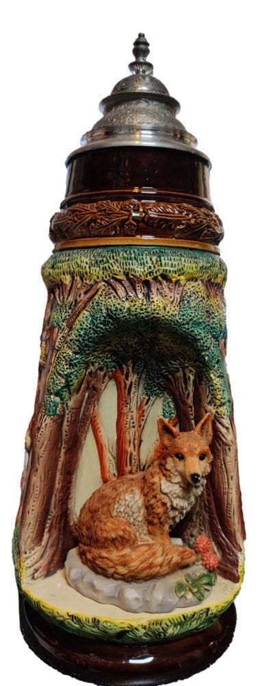 German Beer Stein 2L - Handcrafted Fox Design Tankard Mug for Oktoberfest, Camping & Outdoor Adventures - Premium Wildlife Wilderness Giant Stein for Beer Enthusiasts