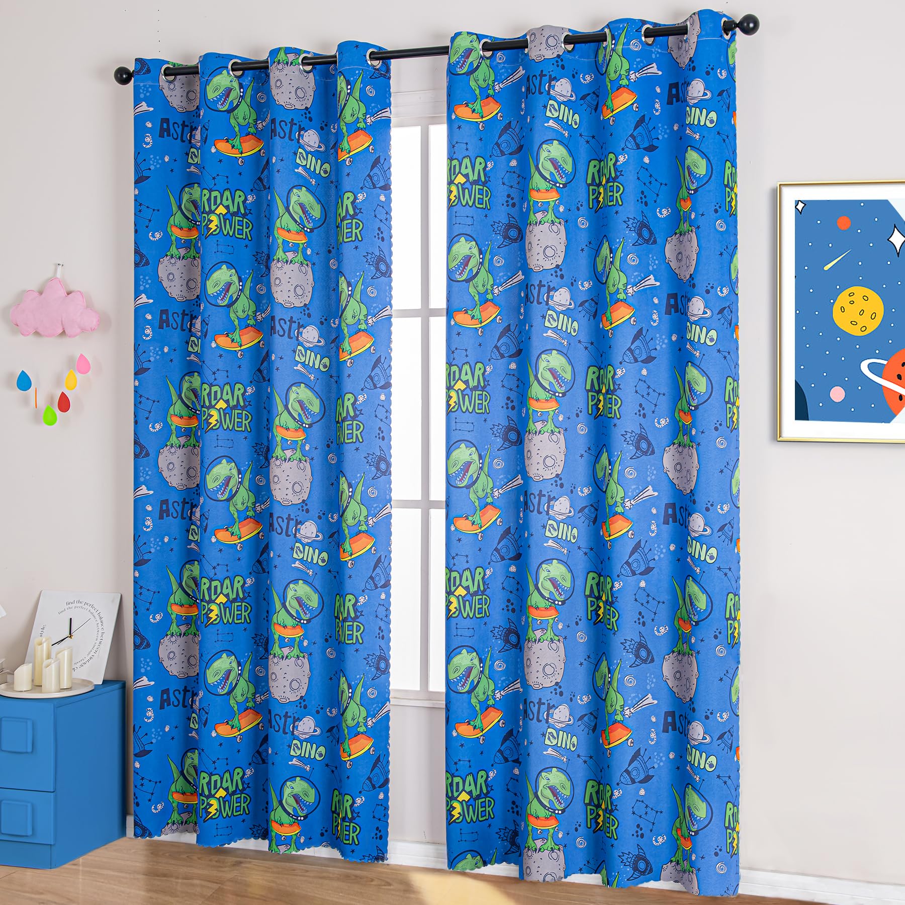 UNISTAR Kids Blackout Curtains - Blue Dinosaur Print Grommet Window Drapes (52x84 Inch, 1 Panel) for Boys Bedroom, Nursery & Playroom - Perfect for Light Blocking & Room Decor