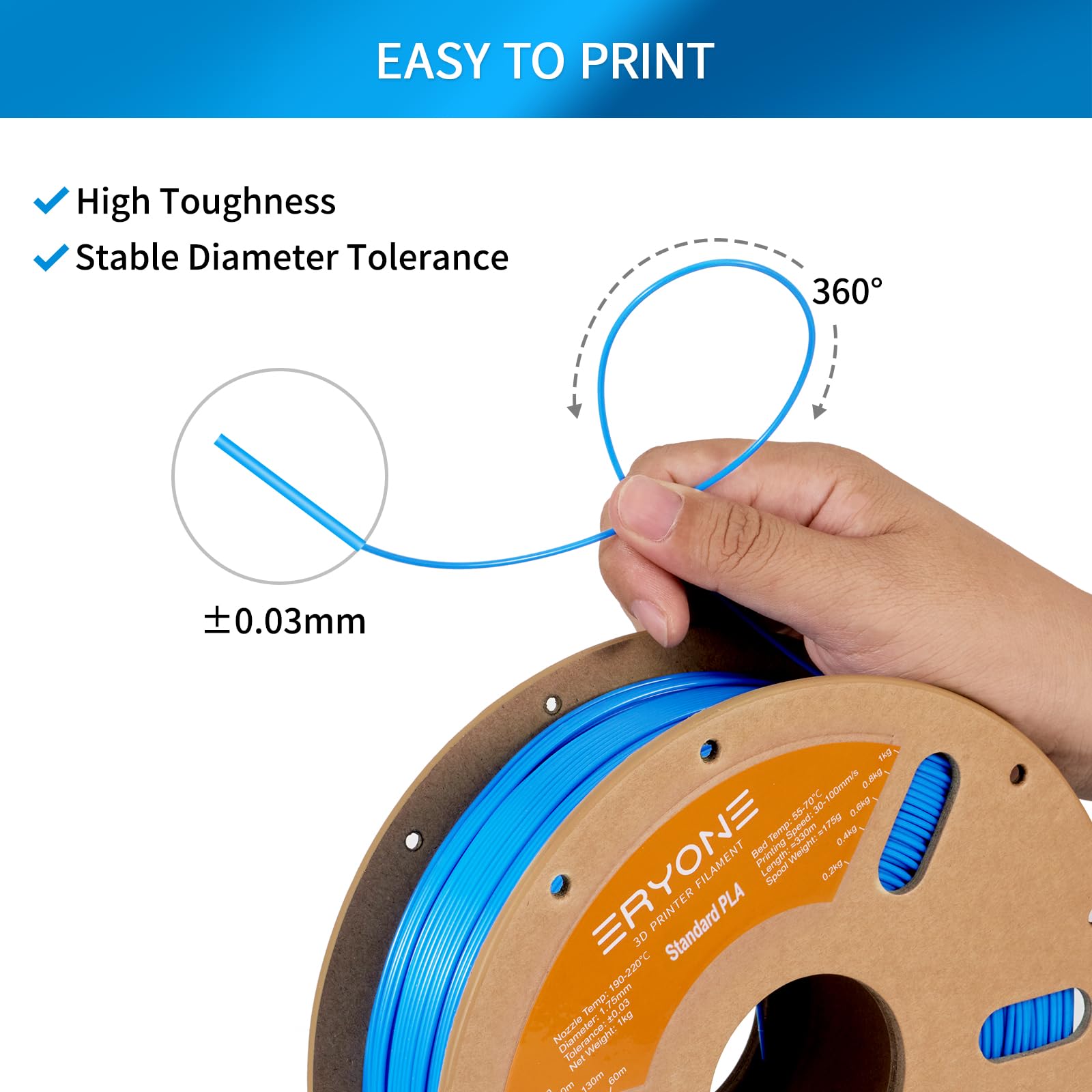 ERYONE PLA Filament 1.75mm for 3D Printing - 1KG (2.2LBS) Spool, ±0.03mm Precision, Vibrant Blue - Perfect for DIY Projects, Prototyping & Home Decor