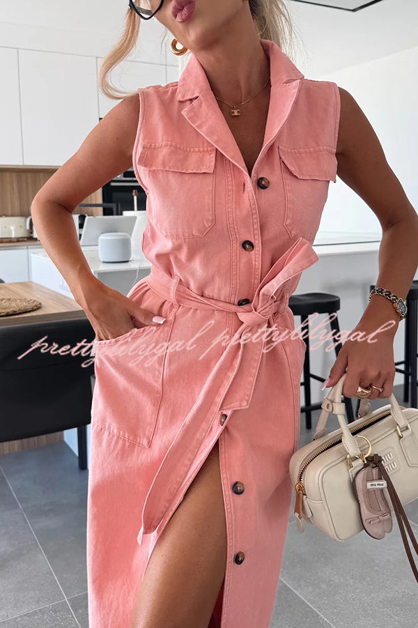 Solid Color Sleeveless Denim Midi Dress with Waist Tie & Pockets - Casual Summer Dress for Women, Perfect for Beach Outings, Picnics, and Weekend Brunch