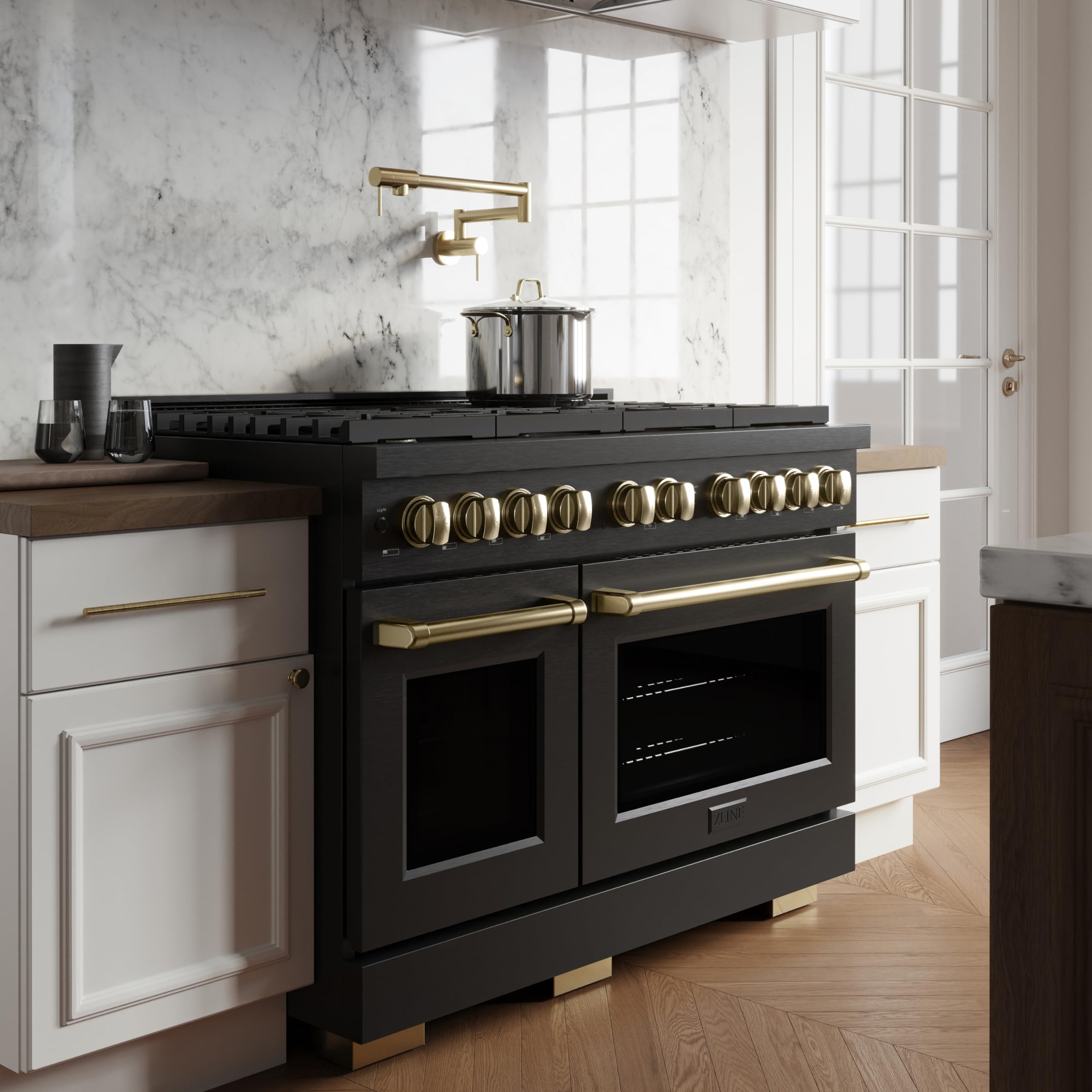 ZLINE Autograph Edition 48-Inch 6.7 cu. ft. Double Oven Gas Range with 8 Burner Cooktop - Black Stainless Steel & Polished Gold Accents (SGRBZ-48-G) | Professional Kitchen Appliance for Home Chefs & Entertaining