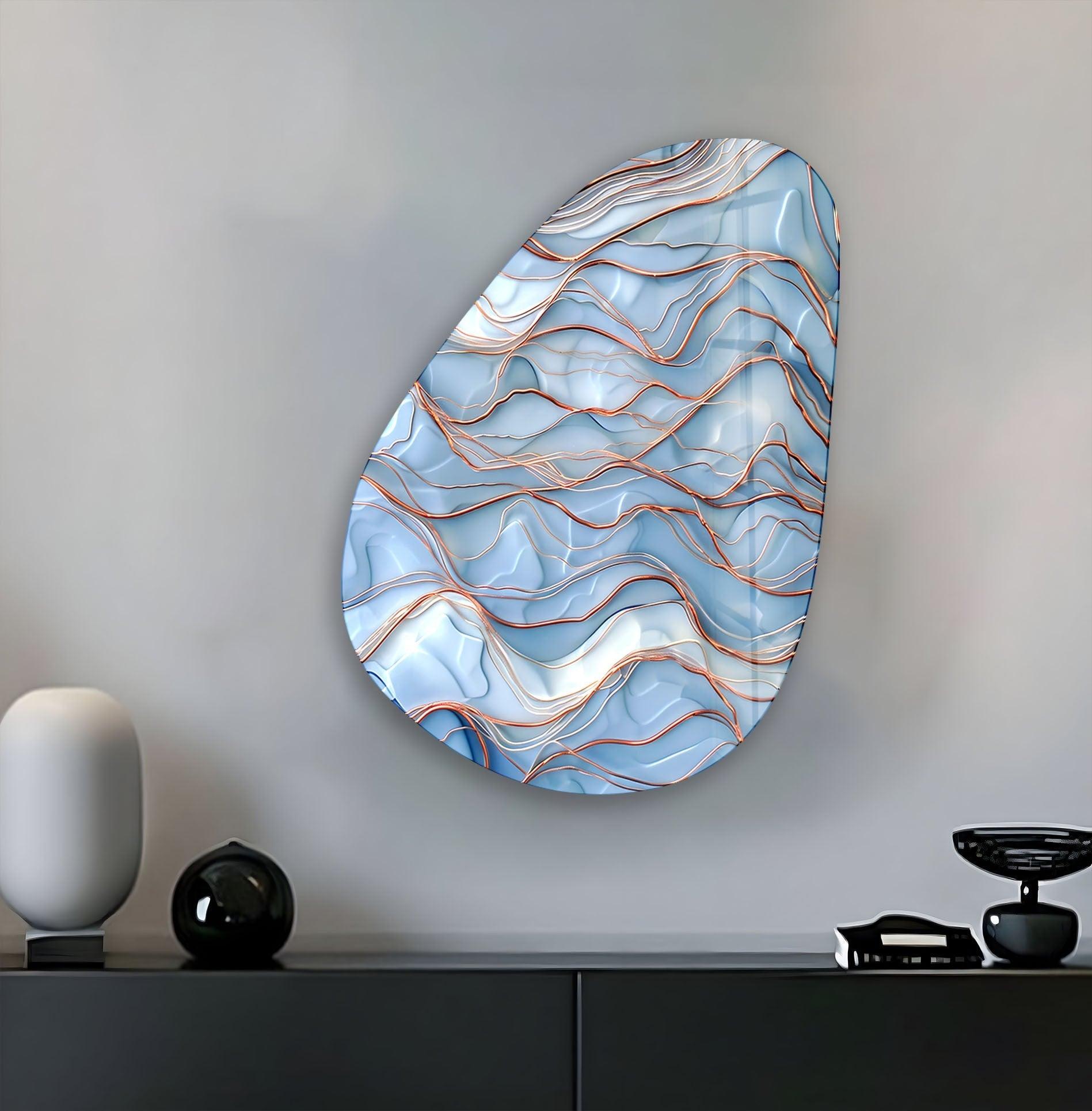 Blue Golden Marble Glass Wall Art - Handmade Asymmetrical Oval Design for Living Room, Bedroom & Office Decor | Modern Abstract Home Wall Decor