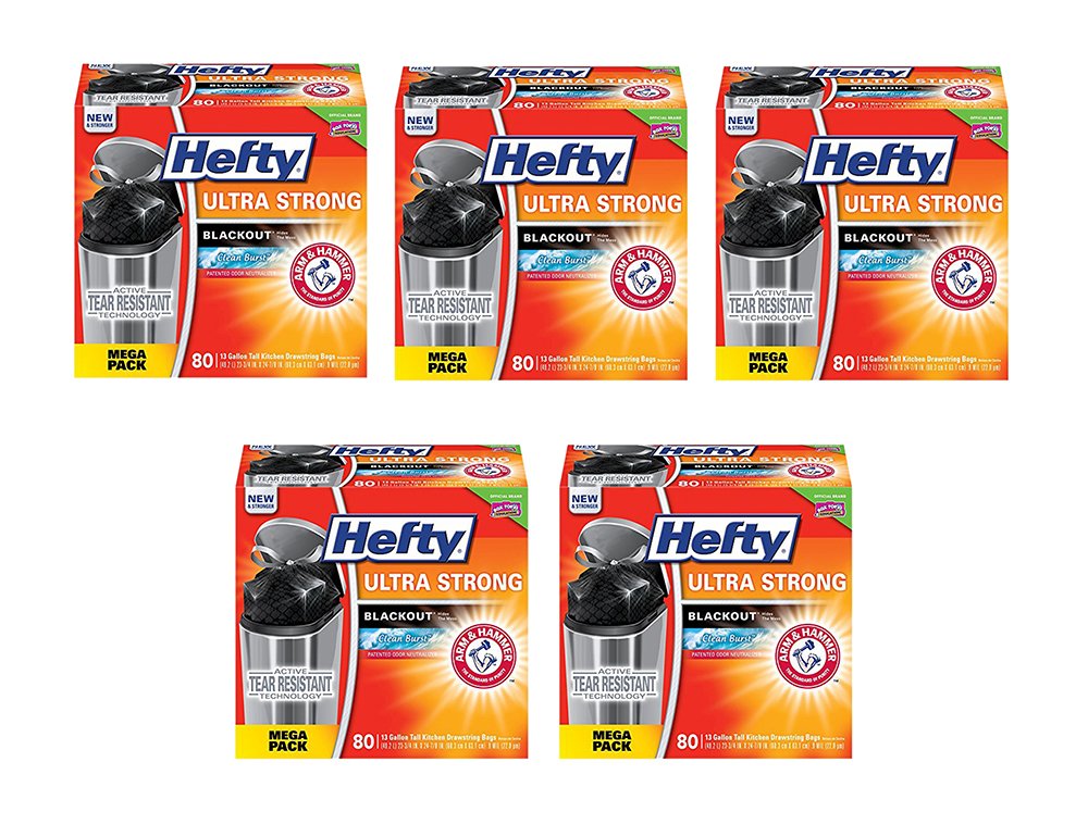 Hefty Ultra Strong Tall Kitchen Trash Bags - 13 Gallon Drawstring Garbage Bags with Blackout Clean Burst Scent - 80 Count (5 Pack) - Perfect for Kitchens, Offices & Outdoor Events