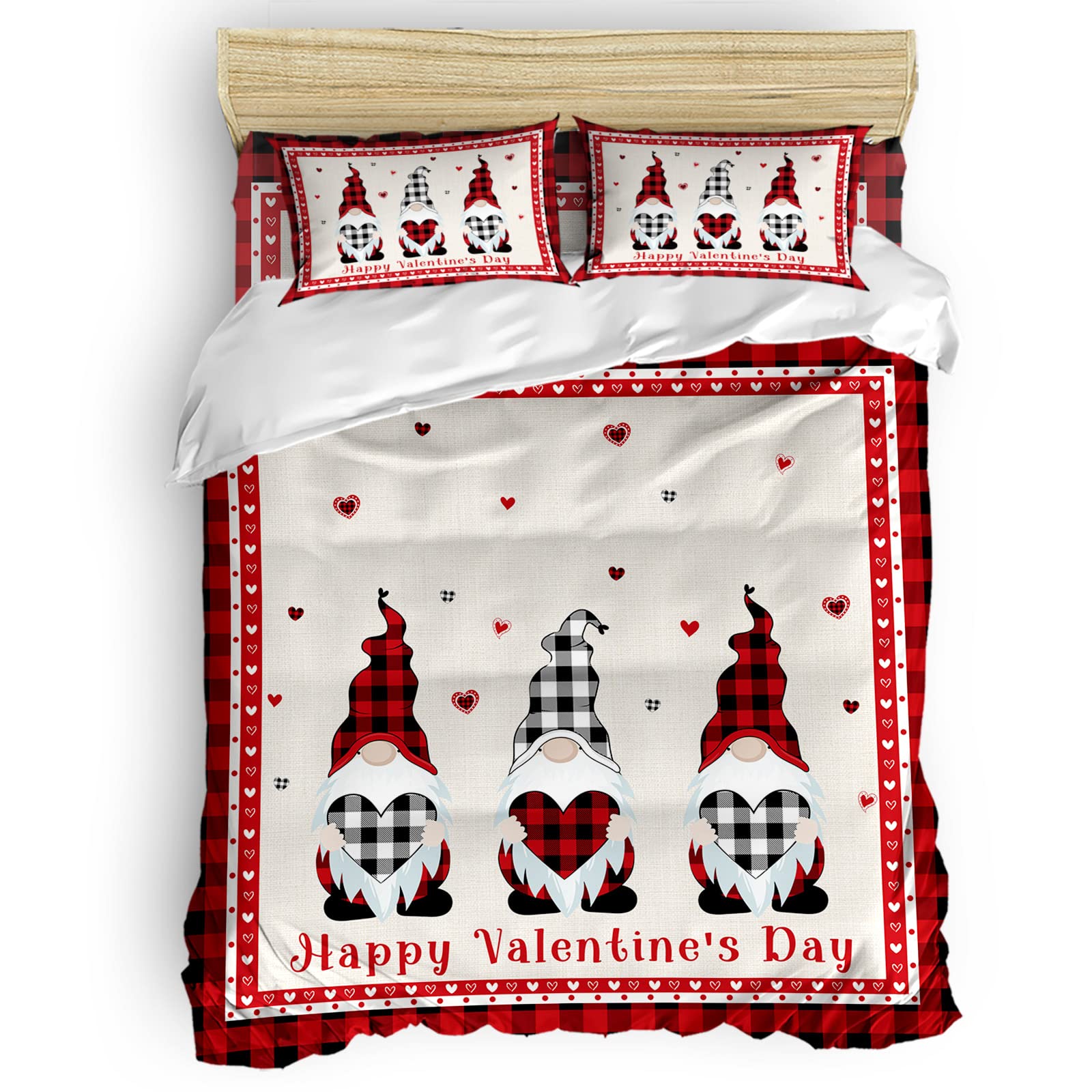 Valentine's Day Queen 4-Piece Bedding Set - Plaid Gnome Love Red Checkered Comforter Cover with Sheets & Pillowcases | All-Season Warmth for Couples Bedroom Decor | Perfect Gift for Anniversary & Romantic Getaways