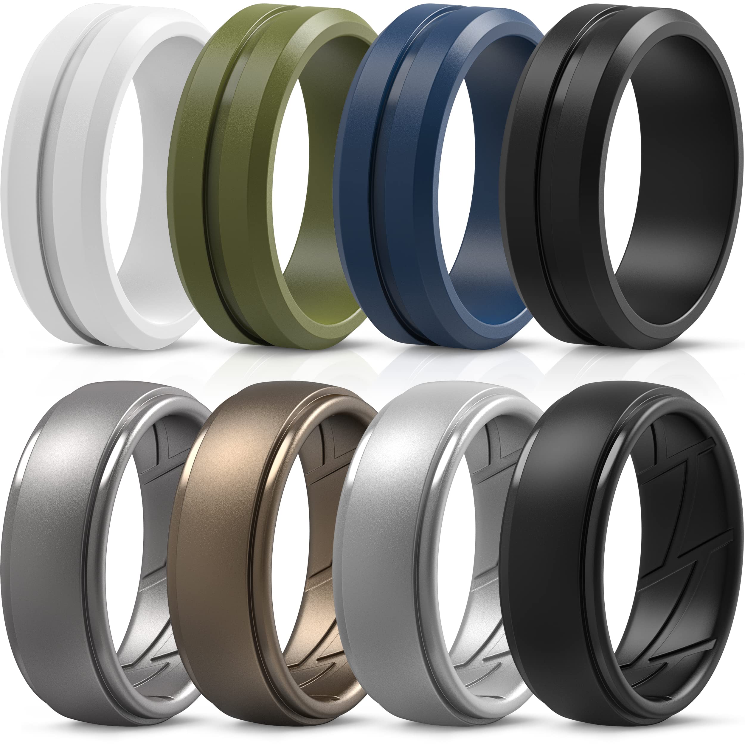 ThunderFit Silicone Wedding Rings for Men - Breathable Comfort Band with Engraved Line Design | Durable 8-Pack Mixed Rubber Rings for Gym, Swimming, Outdoor Activities & Everyday Wear