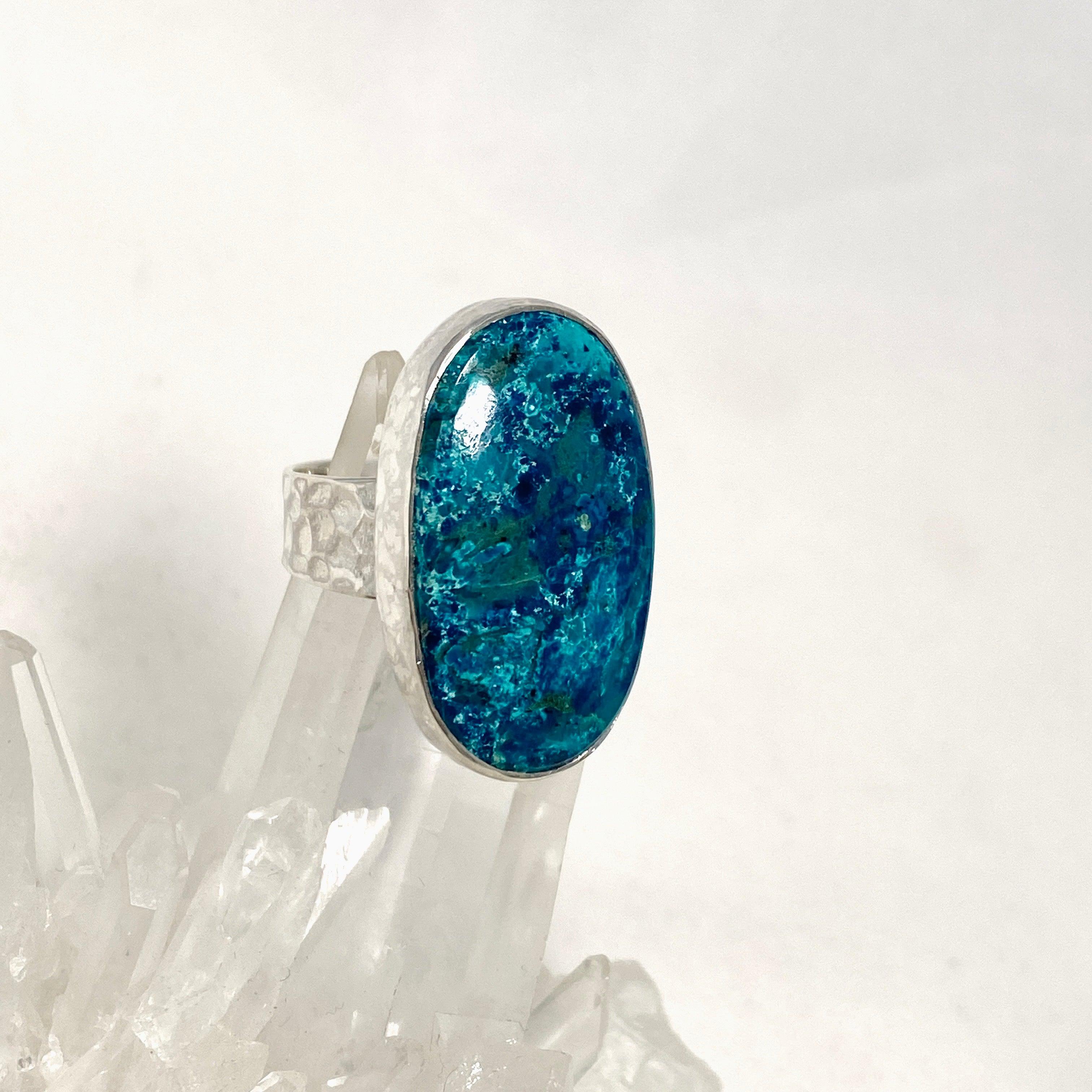 Shattuckite Oval Ring with Hammered Band - Size 8.5 KRGJ3229 | Handmade Bohemian Jewelry for Women, Spiritual Healing Crystal Gift for Meditation & Energy Work