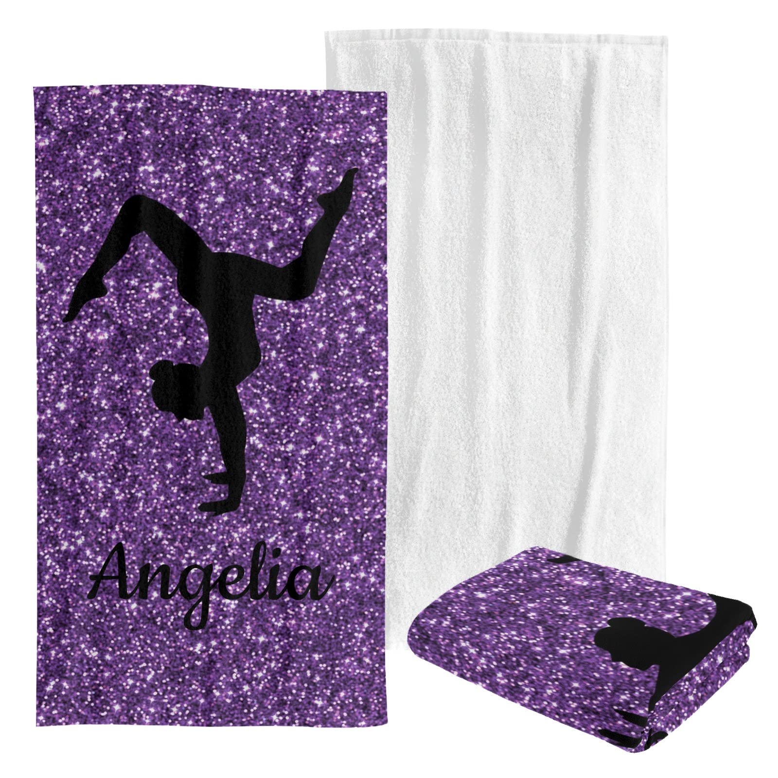 Custom Personalized Beach Towel - Soft Quick-Dry Bath Towel Blanket for Swimming, Pool, Gym & Travel - Purple Glitter Gymnast Design for Kids, Men, Women, Boys & Girls - Perfect for Beach Vacations, Yoga & Summer Outings