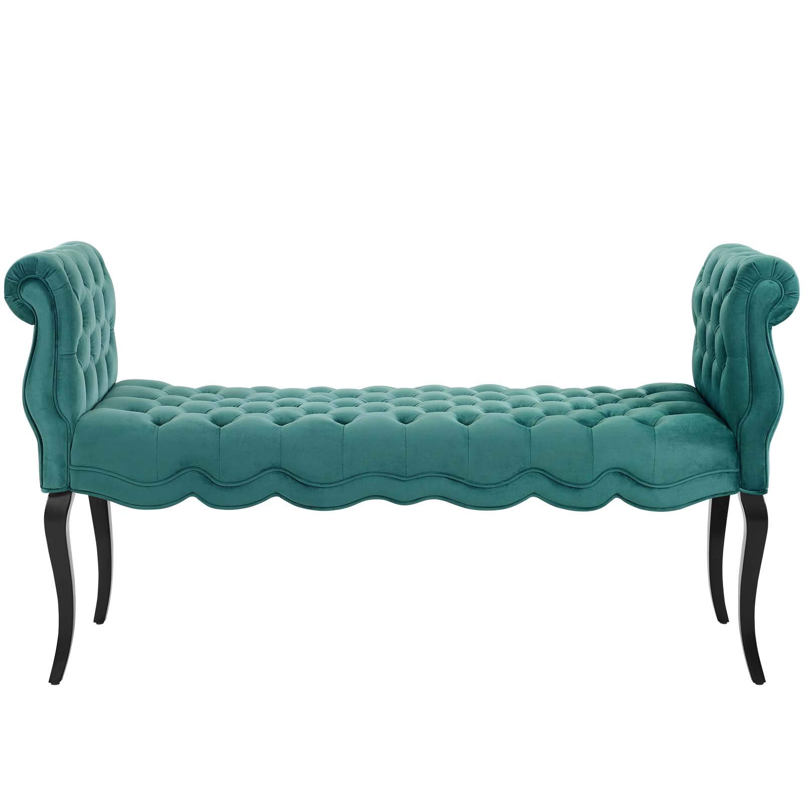 Modway Adelia Chesterfield Style Performance Velvet Entryway Bench in Teal - Mid-Century Modern Upholstered Sofa Bench for Hallway, Bedroom & Living Room - Comfortable Seating with Storage Space