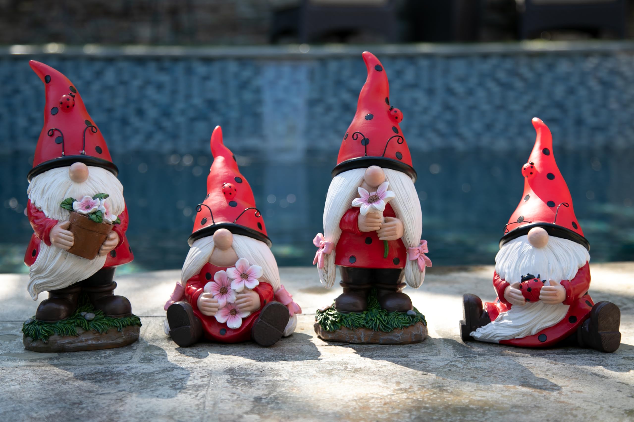 Solar-Powered Ladybug Gnome Statue with LED Lights – 5 x 5.5 x 12.5 Inch Outdoor Garden Decor for Lawn, Yard & Patio – Exhart Garden Gnome with Red Hat & Pink Flower – Perfect for Backyard, Flower Beds & Gift Giving