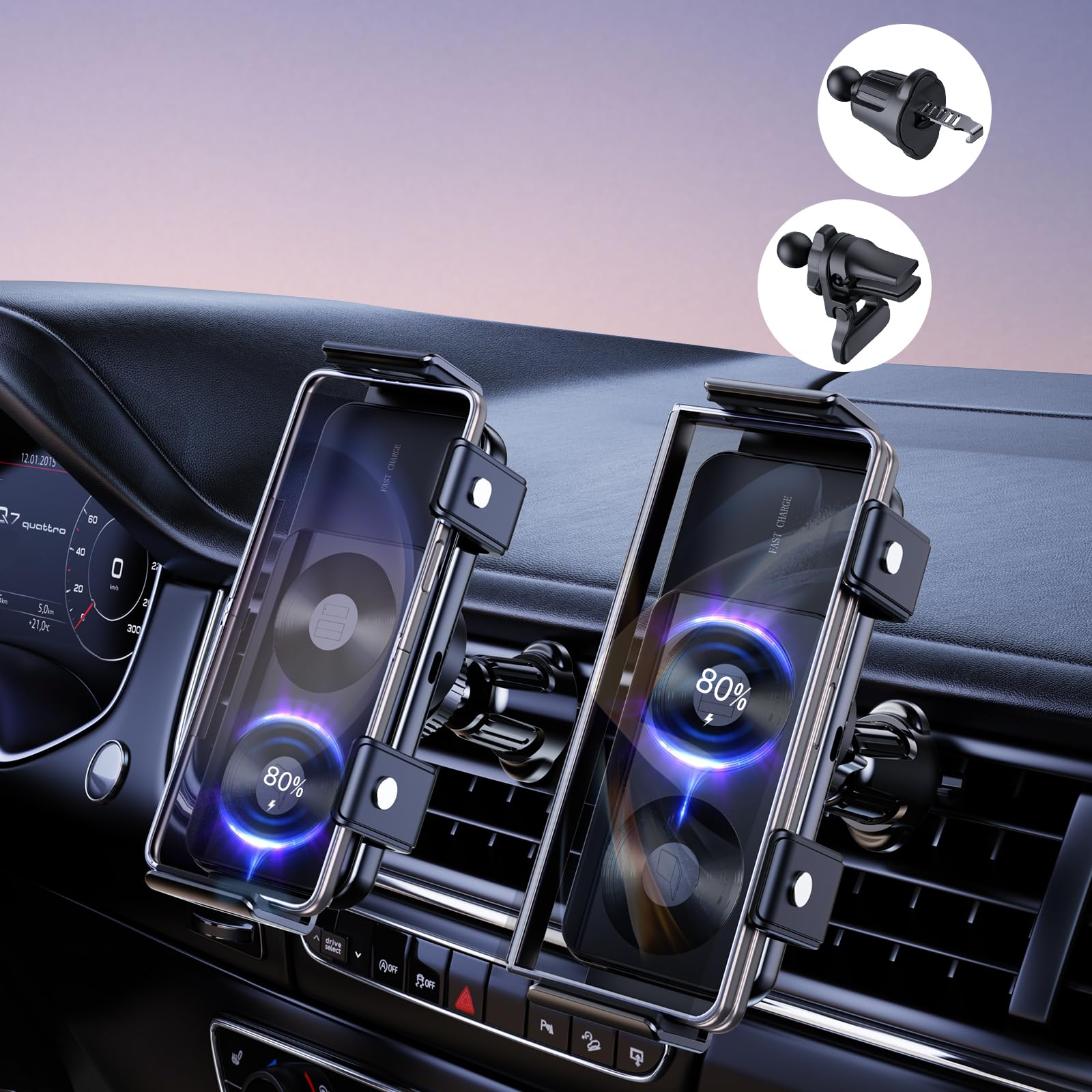 Wireless Car Charger for Samsung Z Fold 5/4/3/2 & Z Flip 5/4, iPhone 15/14/13, Google Pixel 8 Pro - Auto Clamping & Rotating Sensors, 7.5W-15W Fast Charging - Perfect for Commuting, Road Trips & Hands-Free Driving