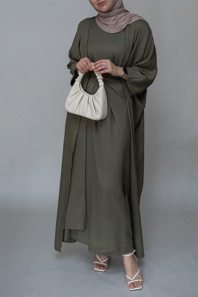 Natural Linen 3-Piece Set with Slip Dress, Apron & Open Front Abaya in Khaki Green - Boho Chic Outfit for Women, Perfect for Casual Wear, Beach Cover-Up & Modest Fashion