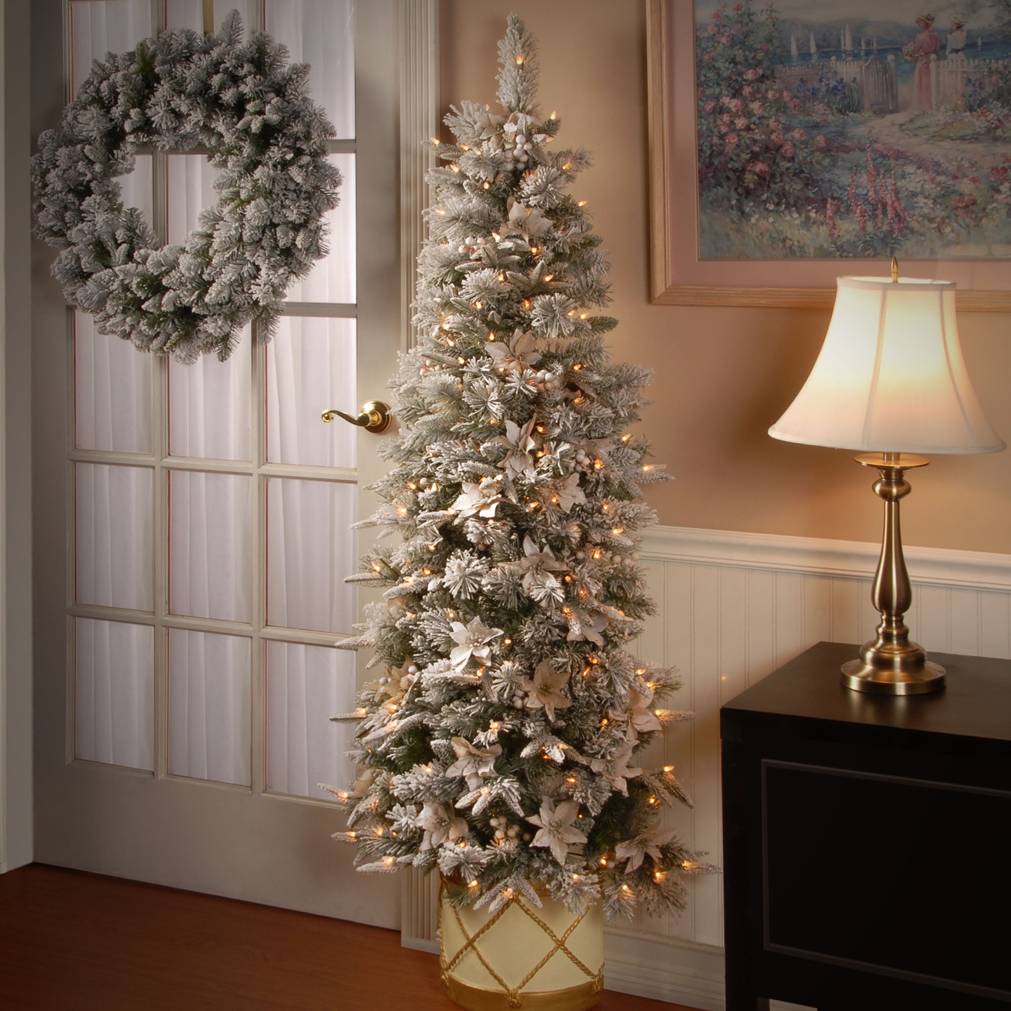 6 ft. Pre-Lit Frosted Colonial Slim Half Christmas Tree with Clear LED Lights - Perfect for Small Spaces, Apartments, and Holiday Decorations