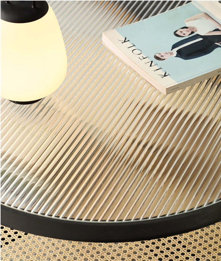 Solid Oak Wood Rattan Black Glass Round Coffee Table - Modern Living Room Centerpiece for Home Decor