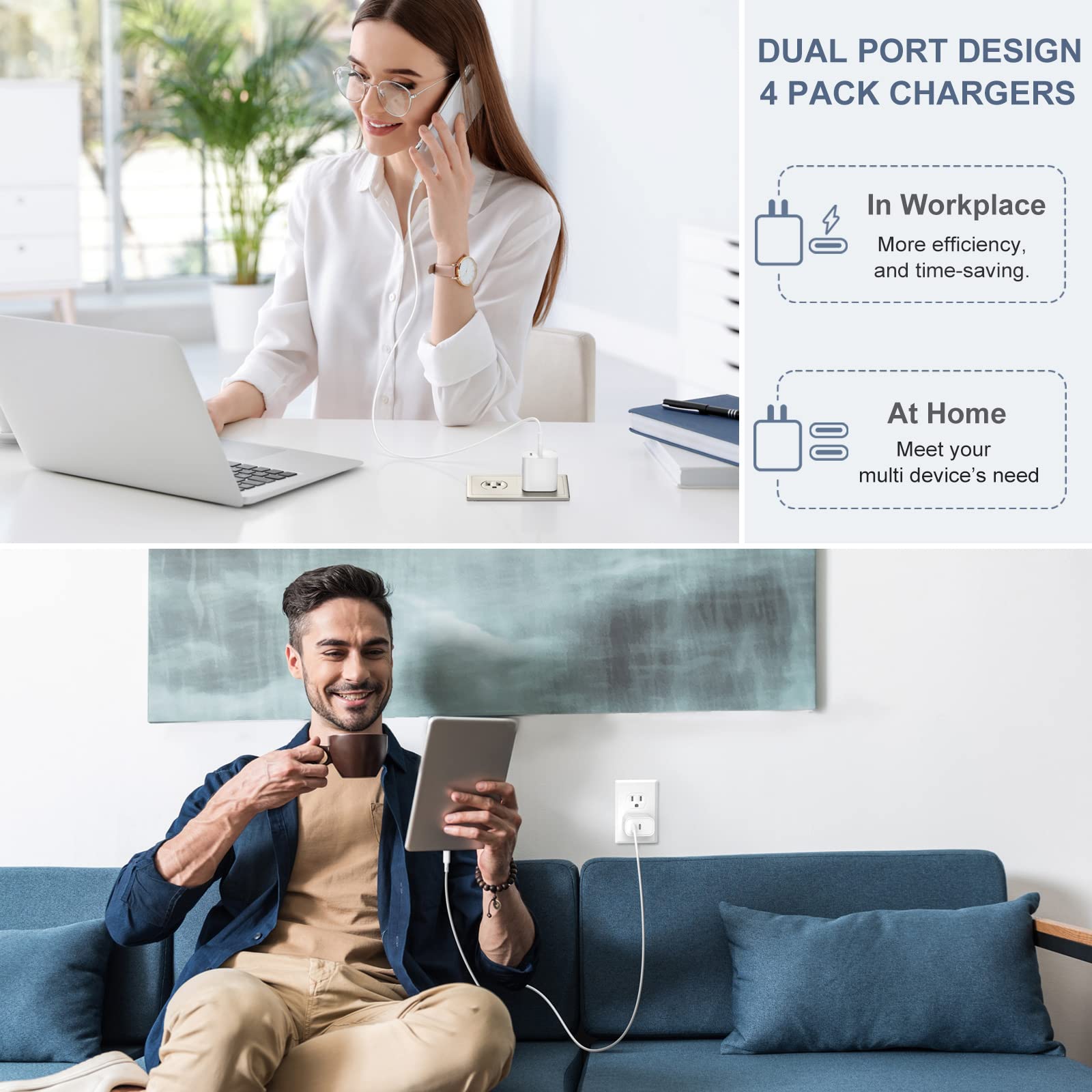 20W Dual Port USB C Fast Charger Block with 6FT USB C to C Cable - PD Compatible Wall Adapter for iPhone 16/15 Pro Max/Plus, iPad Pro, Pixel 8/7 - White | Perfect for Home, Office & Travel Charging