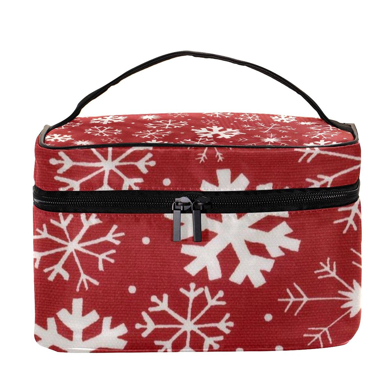 Red and White Snowflake Christmas Pattern Travel Makeup Bag - Large Cosmetic Organizer with Zipper for Women & Girls | Perfect for Holiday Travel, Gift Giving & Daily Toiletry Storage