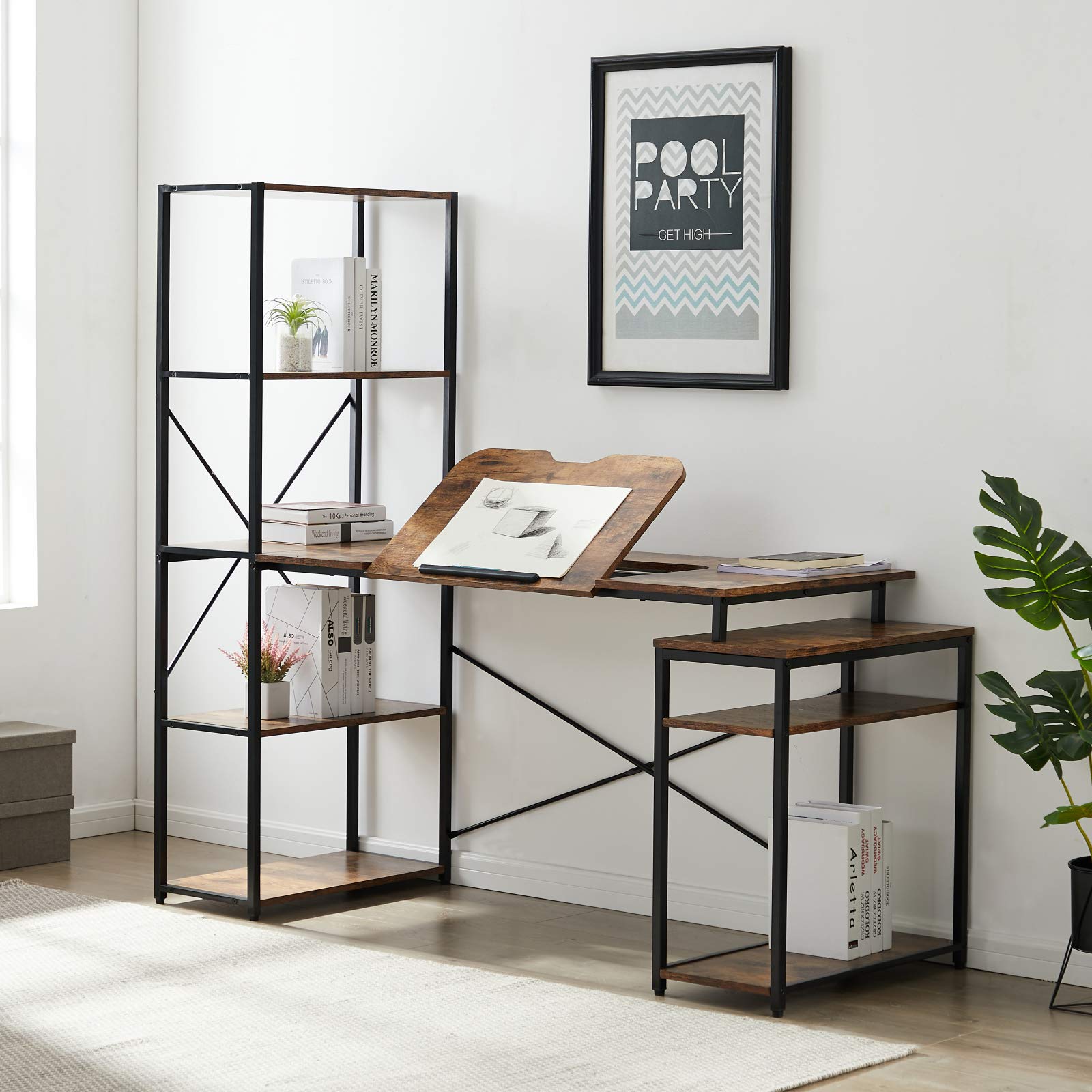Industrial Home Office Computer Desk with 5-Tier Bookshelf - Ergonomic Writing Desk with 2 Open Storage Shelves & Tiltable Desktop - Multi-Functional Drafting Table for Laptops, Study, Drawing & Workstation Use