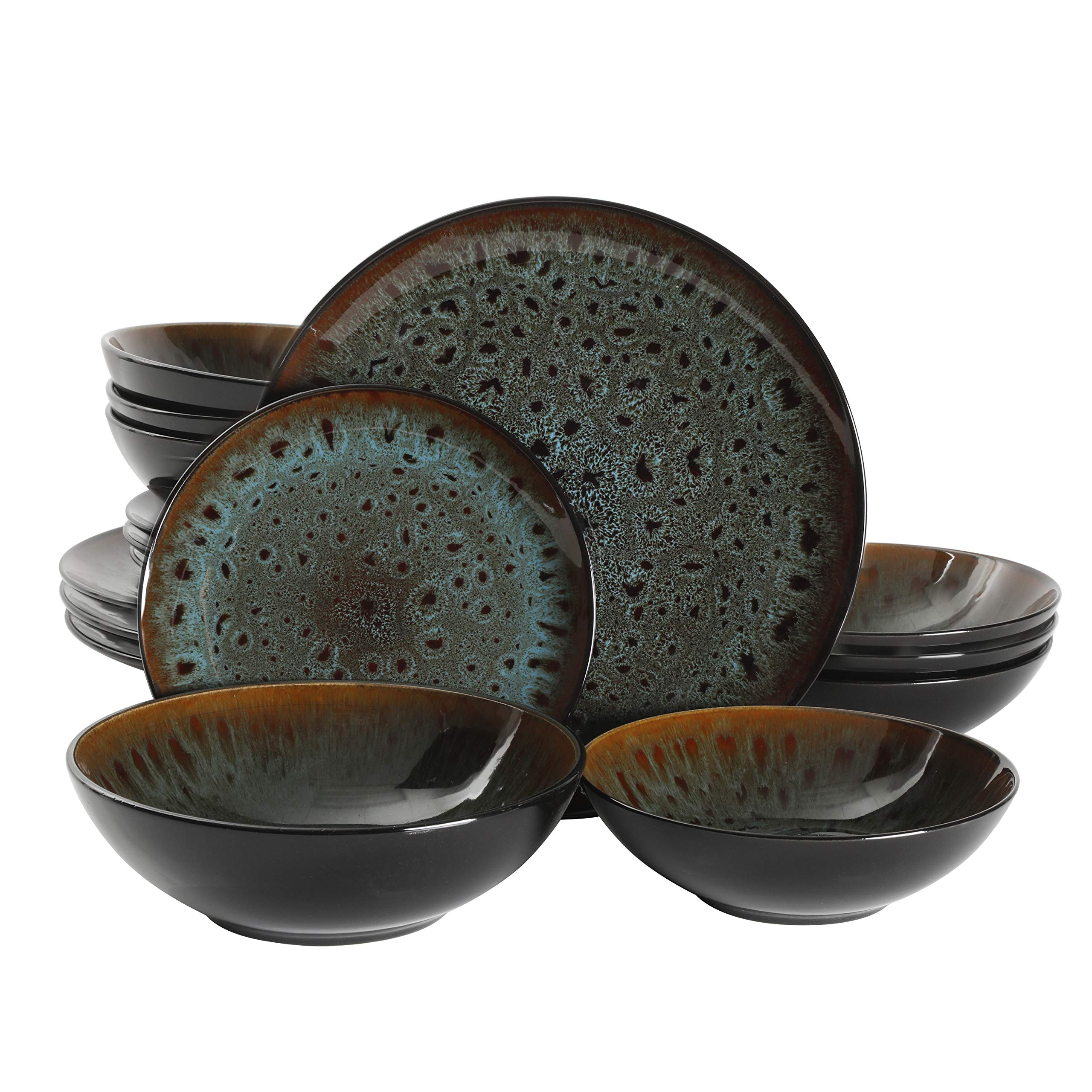 Premium Gibson Elite Kyoto Double Bowl Dinnerware Set - 16-Piece Service for 4, Elegant Teal Blue - Perfect for Family Dinners, Entertaining Guests & Modern Table Settings