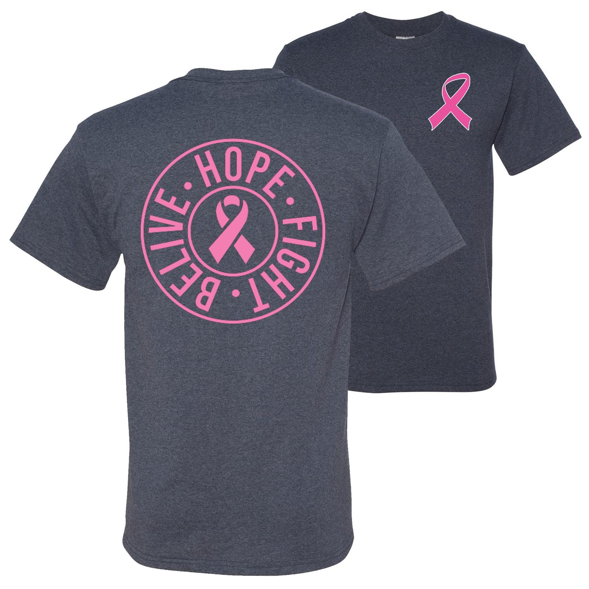 Wild Custom Apparel - Believe Hope Fight Breast Cancer Awareness Graphic T-Shirt for Men - Front & Back Design - Support Awareness & Show Solidarity