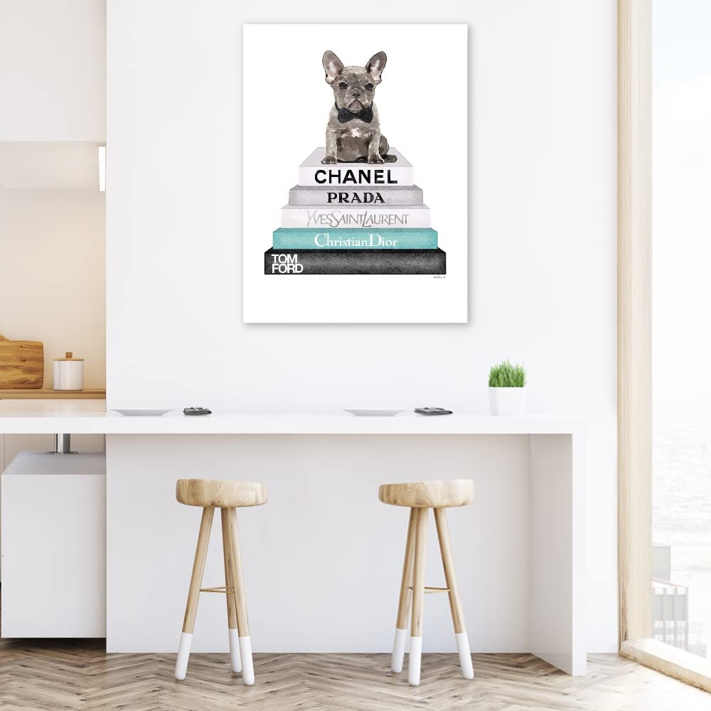 Teal Frenchie Bookstack Canvas Wall Art - Handmade Fine Art Painting by Amanda Greenwood - 35x46 Inch Ready to Hang Wall Decor for Living Room, Bedroom, Office - Perfect for Home, Library & Coffee Shop Decor
