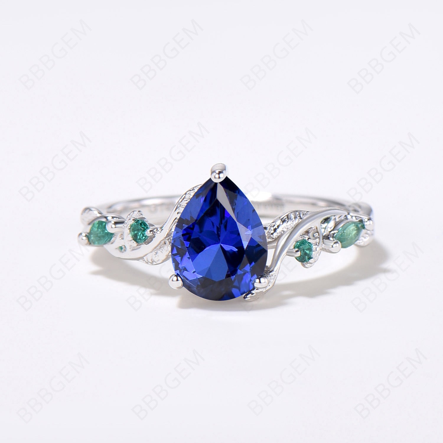Vintage Nature Inspired Pear Blue Sapphire & Emerald Bridal Ring Set - Twig Leaf Vine Wedding Jewelry, September Birthstone Gift for Her - Perfect for Engagement, Anniversary & Special Occasions