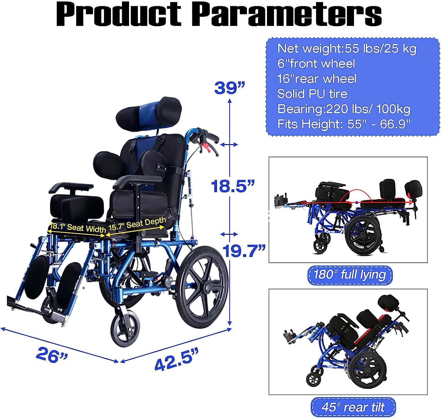 Lightweight Aluminum Alloy Fully Reclining Wheelchair for Adults & Children - High Back Support with Seat Belt & Removable Tray - Ideal for Stroke Recovery, Hemiplegia, Cerebral Palsy & Daily Mobility - Home Use & Outdoor Travel