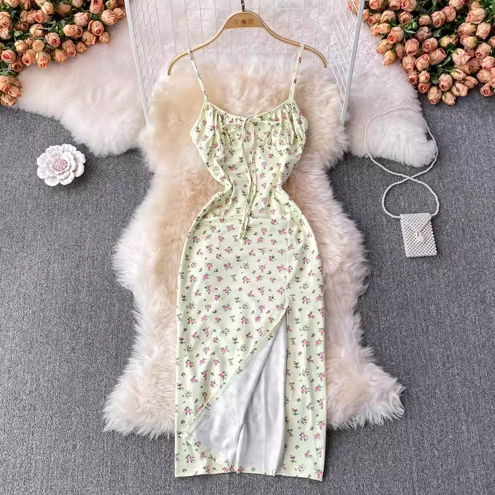 Floral V-Neck Spaghetti Strap Midi Dress with Side Slit - Elegant Summer Party, Wedding Guest, or Date Night Outfit