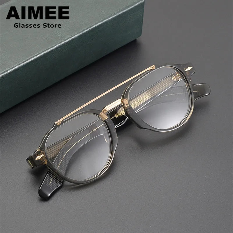Aimee Unisex Full Rim Round Double Bridge Acetate Titanium Eyeglasses Frame 6818 - Lightweight & Durable Glasses for Work, Reading & Fashion