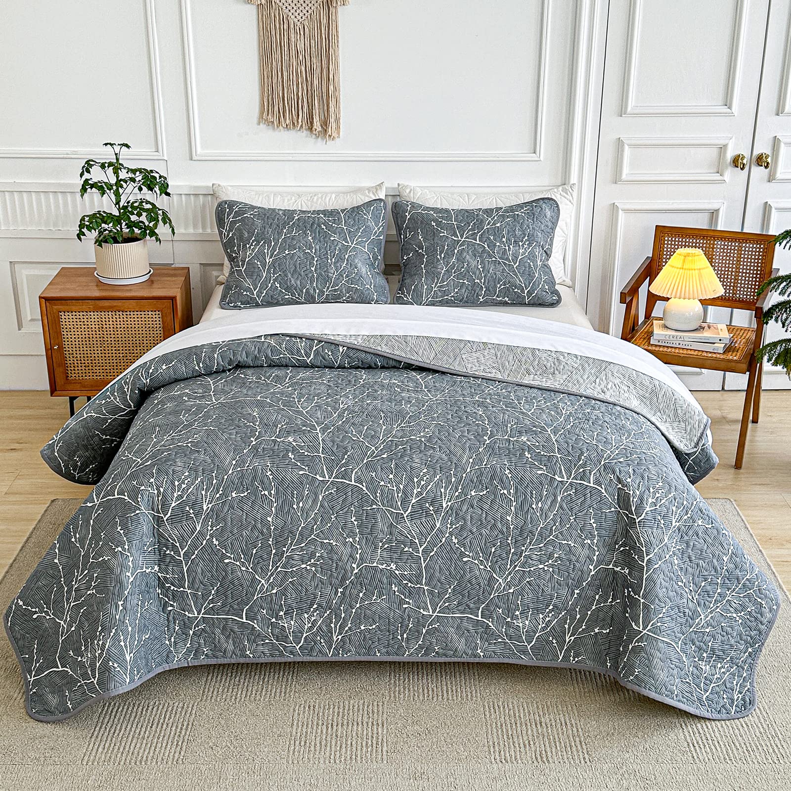 Soft Reversible 2-Piece Gray Cotton Quilt Set with White Branch Design - Twin Size Bedspread & 2 Pillow Shams | Cozy Bedroom Decor for Guest Rooms, Dorms & Modern Homes