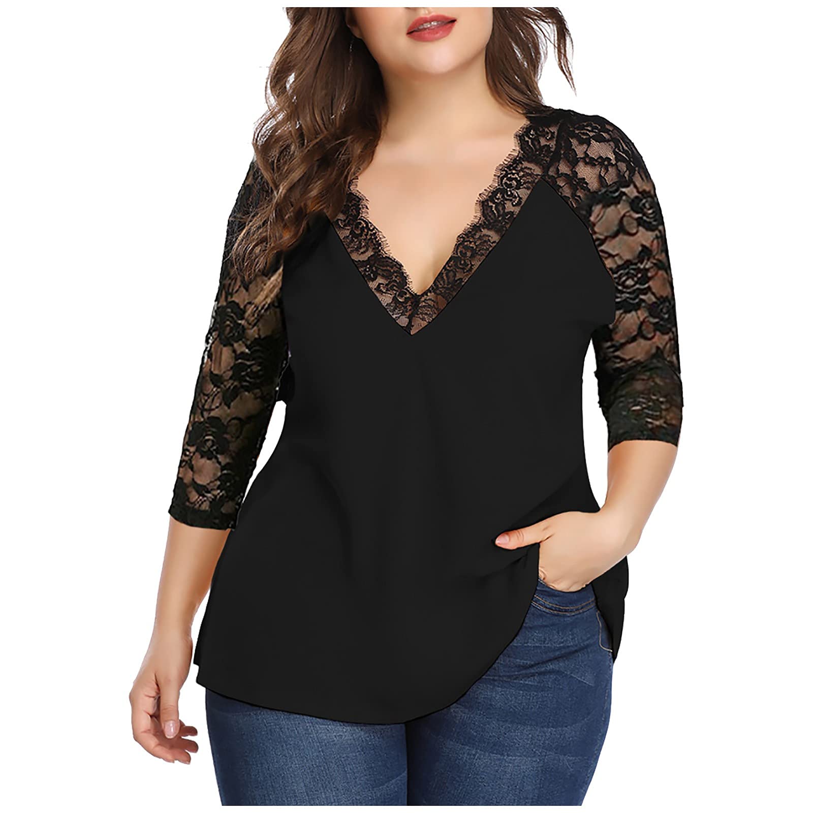 Elegant Plus Size Women's 3/4 Sleeve V-Neck Lace Patchwork Chiffon Blouse - Fashionable & Sexy Tops for Casual Wear, Office, Date Night & Special Occasions