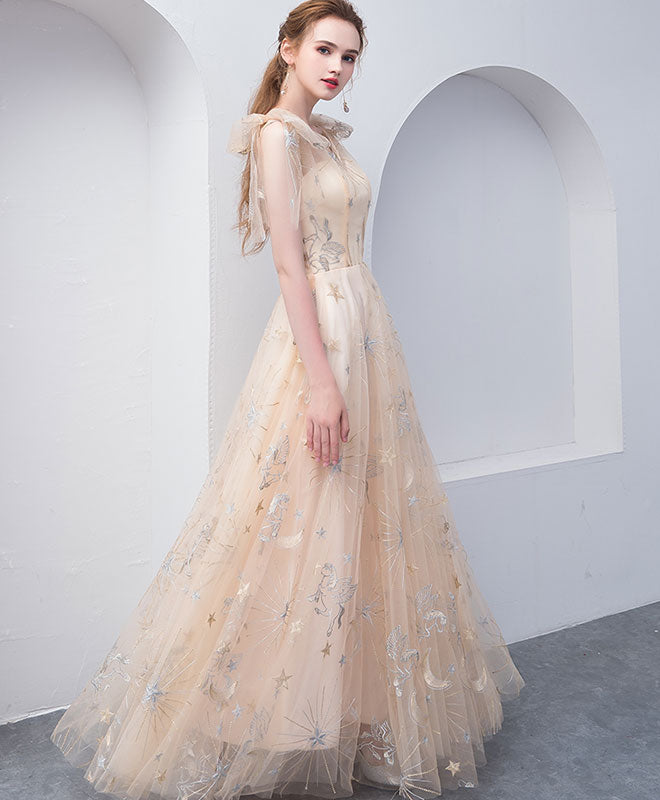 Elegant Champagne Tulle V-Neck Long Prom Dress & Evening Gown for Formal Events, Weddings, and Special Occasions