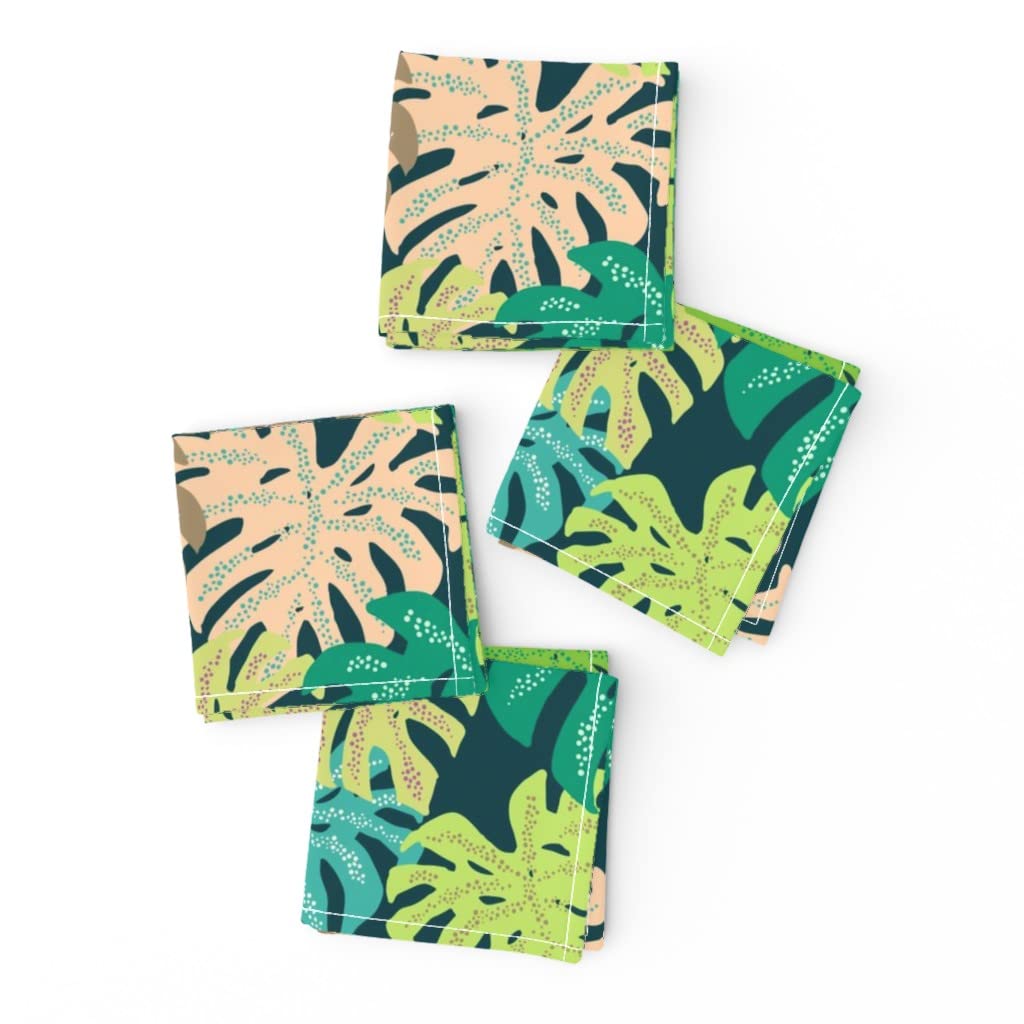 Premium Linen Cotton Canvas Cocktail Napkins Set of 4 - Tropical Palm Leaf & Monstera Print, Hawaiian Tiki Party Summer Decor, Reusable Drink Napkins for Home Bar, Poolside Entertaining & Luau Themed Events