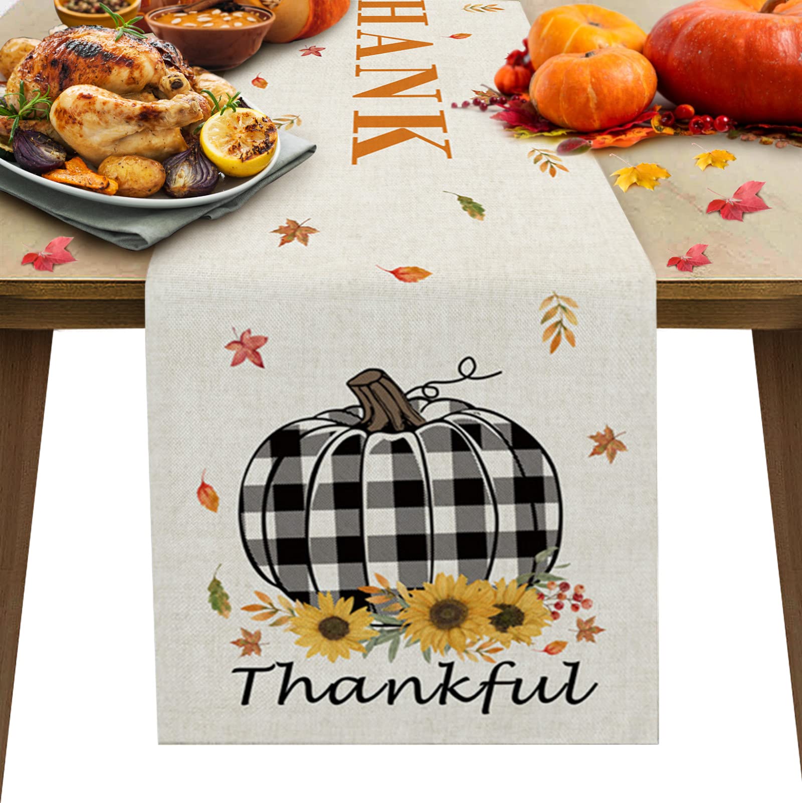 Pumpkin Sunflower Autumn Table Runners 36 Inches Long Washable Black White Buffalo Plaid Thanksgiving Table Runner for Round Table Kitchen Coffee Dining End Table Living Room Use, Perfect for Fall Decor and Holiday Gatherings