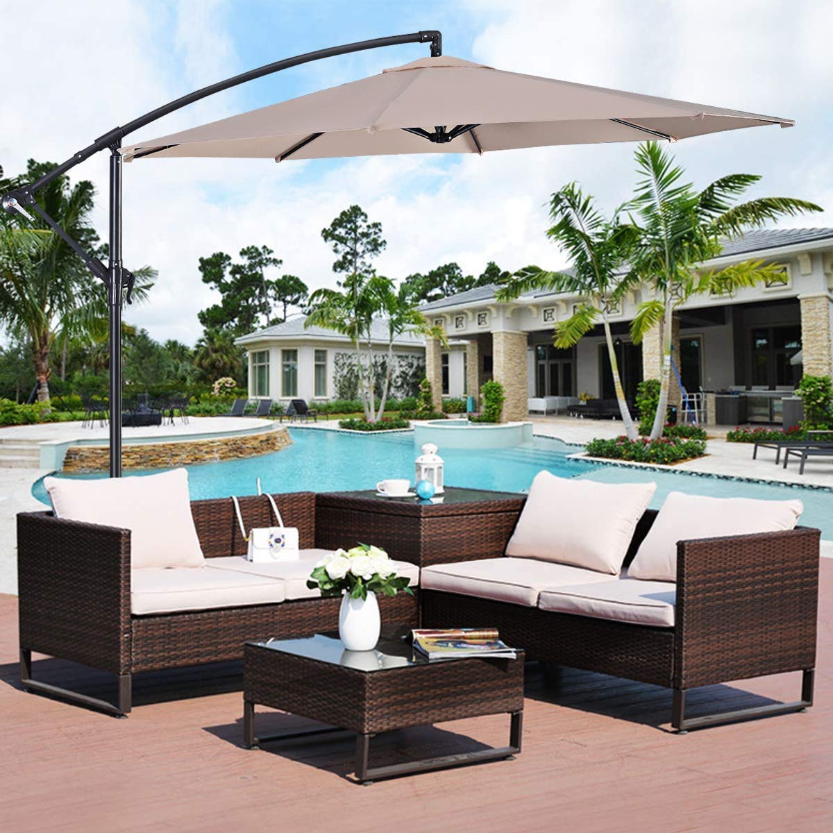 HAPPYGRILL 10ft Outdoor Patio Umbrella with Crank Tilt - Sun Shade Offset Umbrella for Table, Deck, Poolside & Backyard (Beige) - Perfect for Outdoor Dining, Lounging & Summer Relaxation