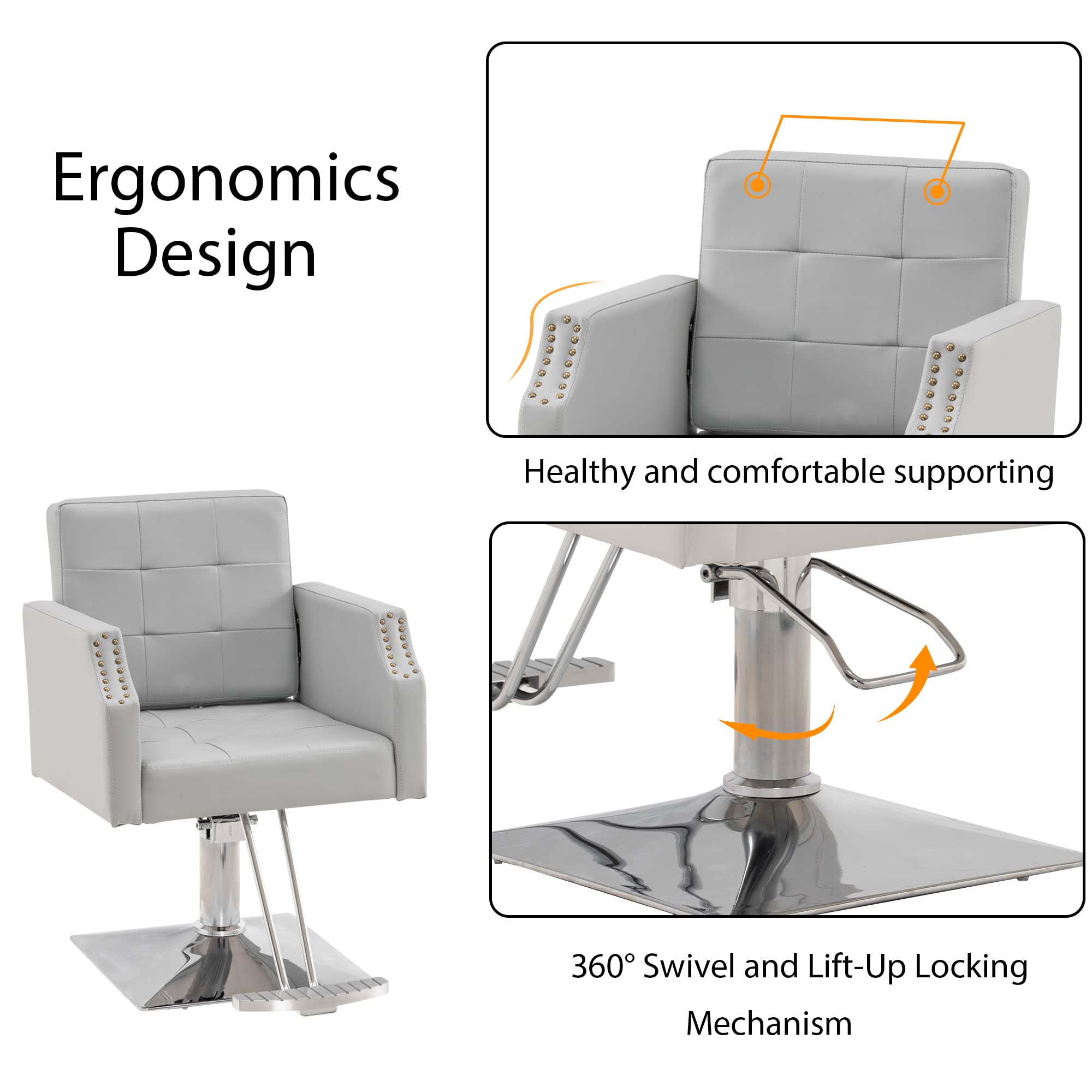 BarberPub Classic Hydraulic Salon Chair for Hair Stylists - Professional Barber Styling Chair with Adjustable Height, Grey - Perfect for Hair Salons, Barber Shops & Home Beauty Stations