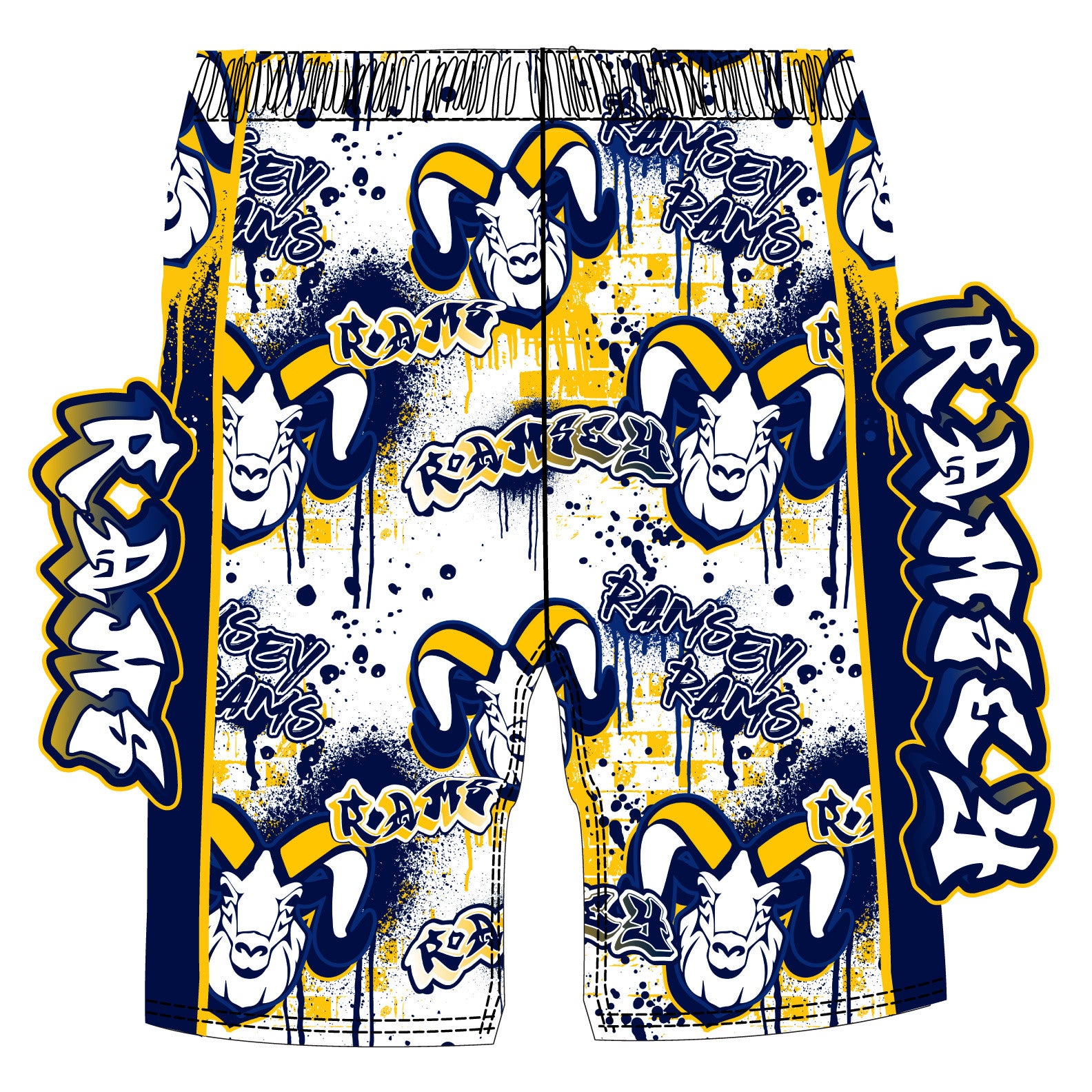 Boys & Mens Ramsey Rams Graffiti White Athletic Shorts - Comfortable Basketball & Casual Wear for Sports, Gym, and Everyday Outfits
