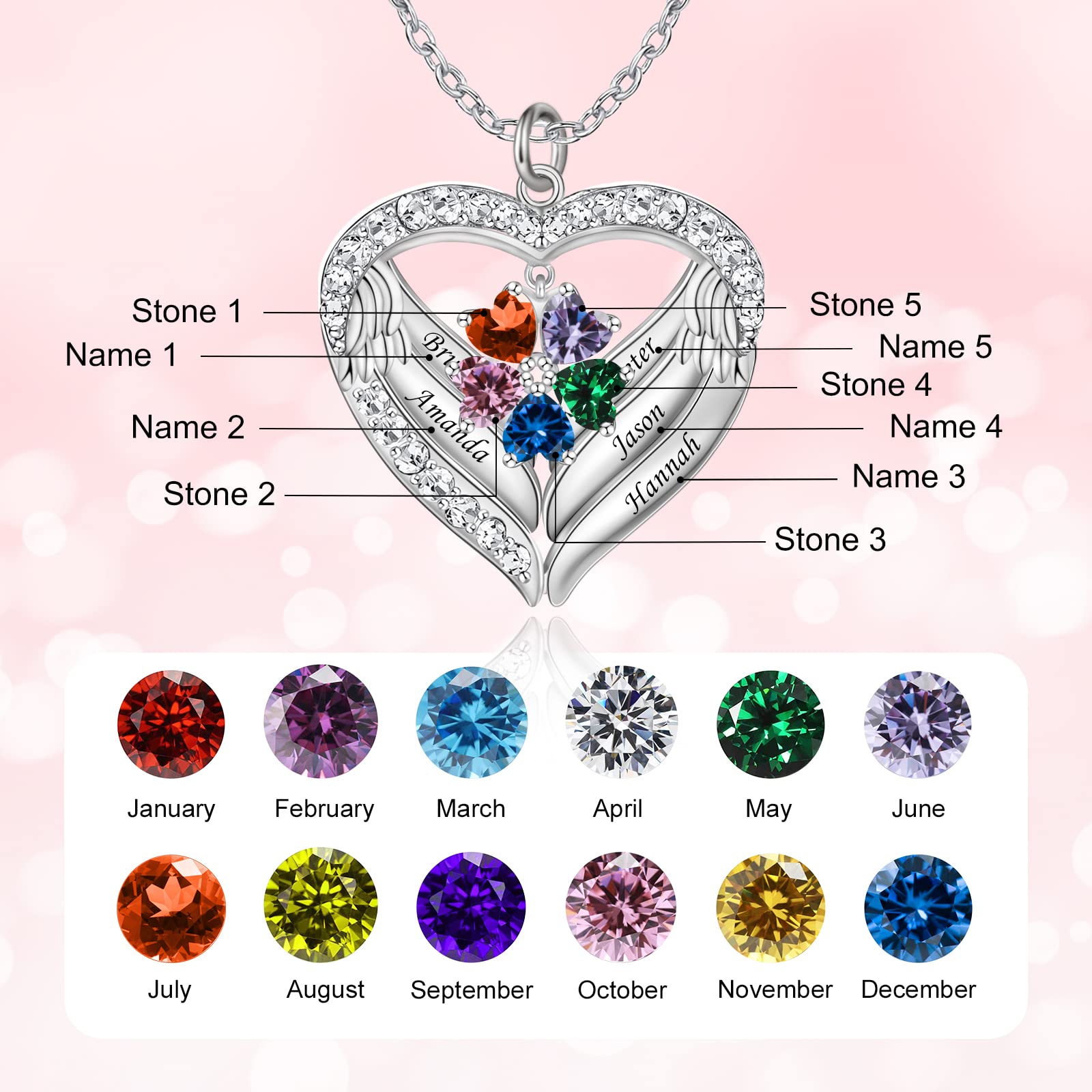 Custom Heart Pendant Necklace for Mom - Personalized Mothers Jewelry with 1-6 Names & Simulated Birthstones - Perfect Christmas Gift for Mother's Day, Birthday, Anniversary and Special Occasions