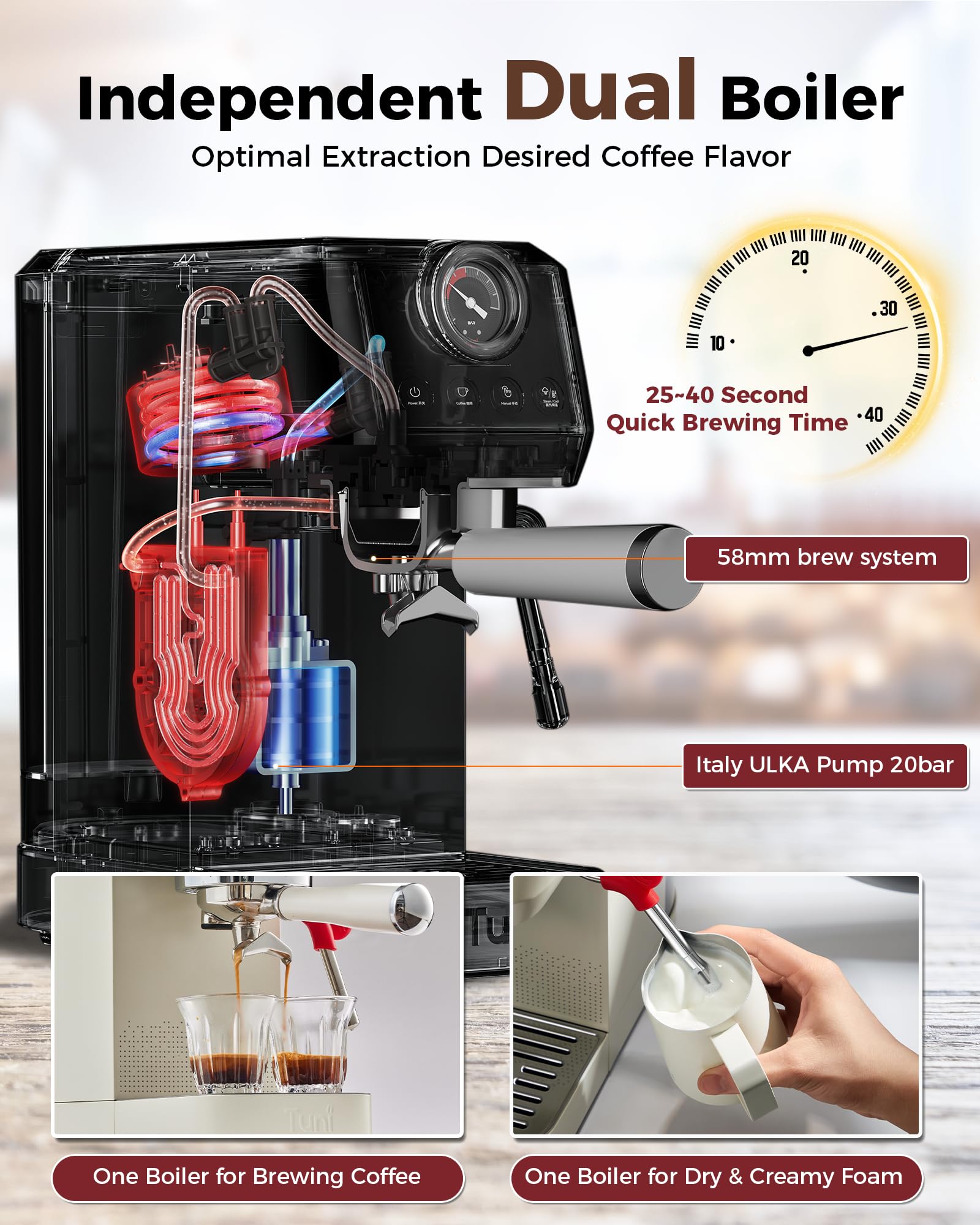 Premium Tuni E2 58mm Espresso Machine with G1 Conical Burr Grinder & Digital Coffee Scale - Professional Barista Kit for Home Brewing, Latte Art & Specialty Coffee Making