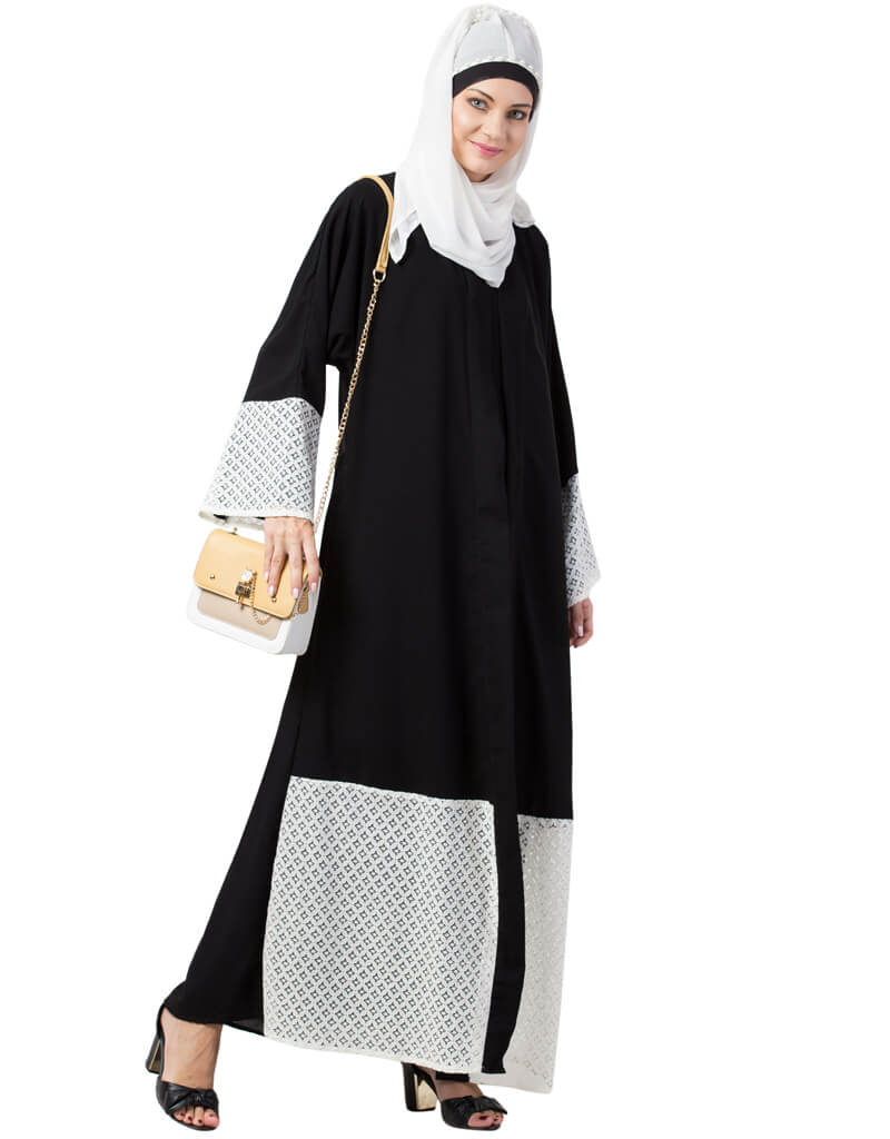 Elegant Black Arabic Abaya with Embroidered Bottom & Sleeves + Front Jacket - Modest Islamic Dress for Prayer & Special Occasions