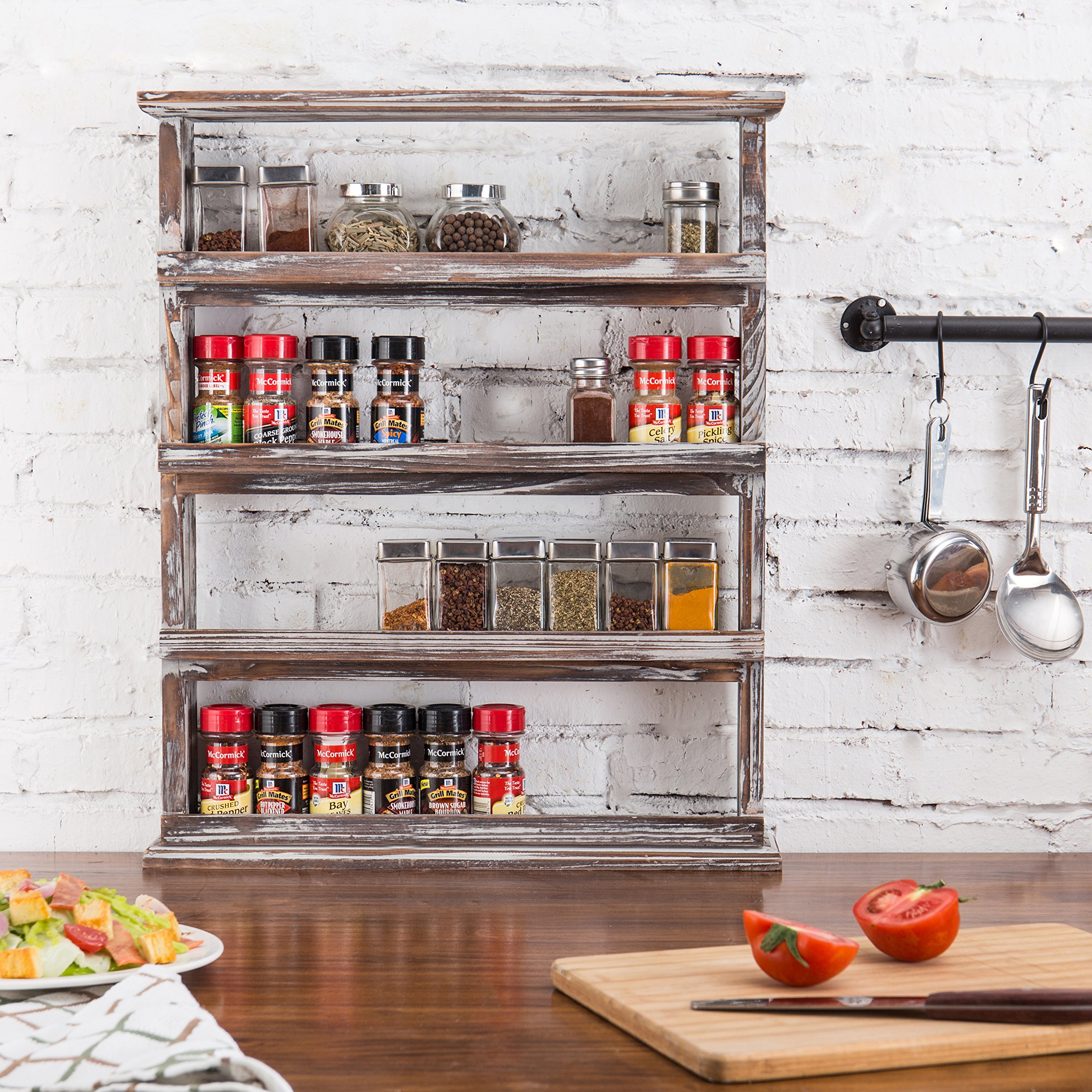 MyGift Rustic Torched Wood Wall Mounted Spice Rack - 4 Tier Pantry Organizer with Seasoning Jar Shelves | Perfect for Kitchen, Dining Room & Small Space Storage Organization