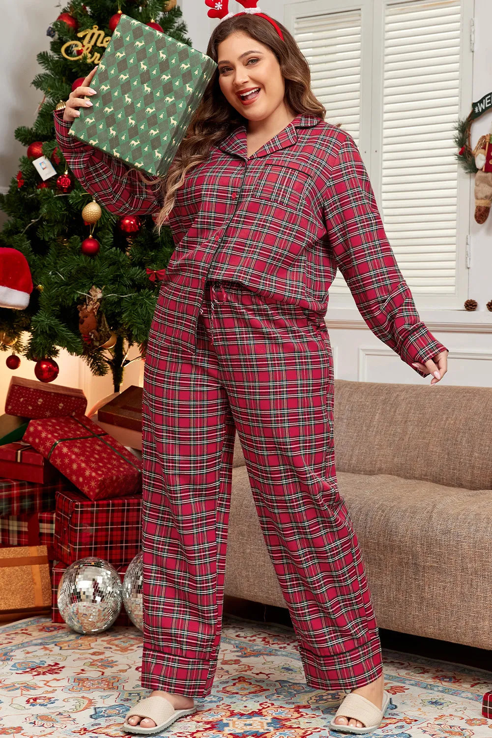Plus Size Plaid Collared Neck Top and Pants Lounge Set - Comfortable Women's Loungewear for Home, Travel & Relaxation